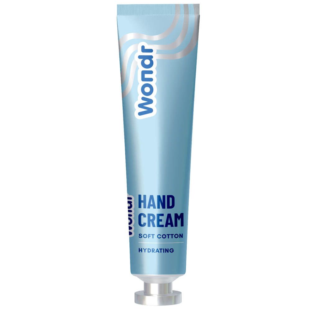 Tube bleu clair avec bouchon argenté. Inscription : Wondr, Hand Cream, Soft Cotton, Hydrating.