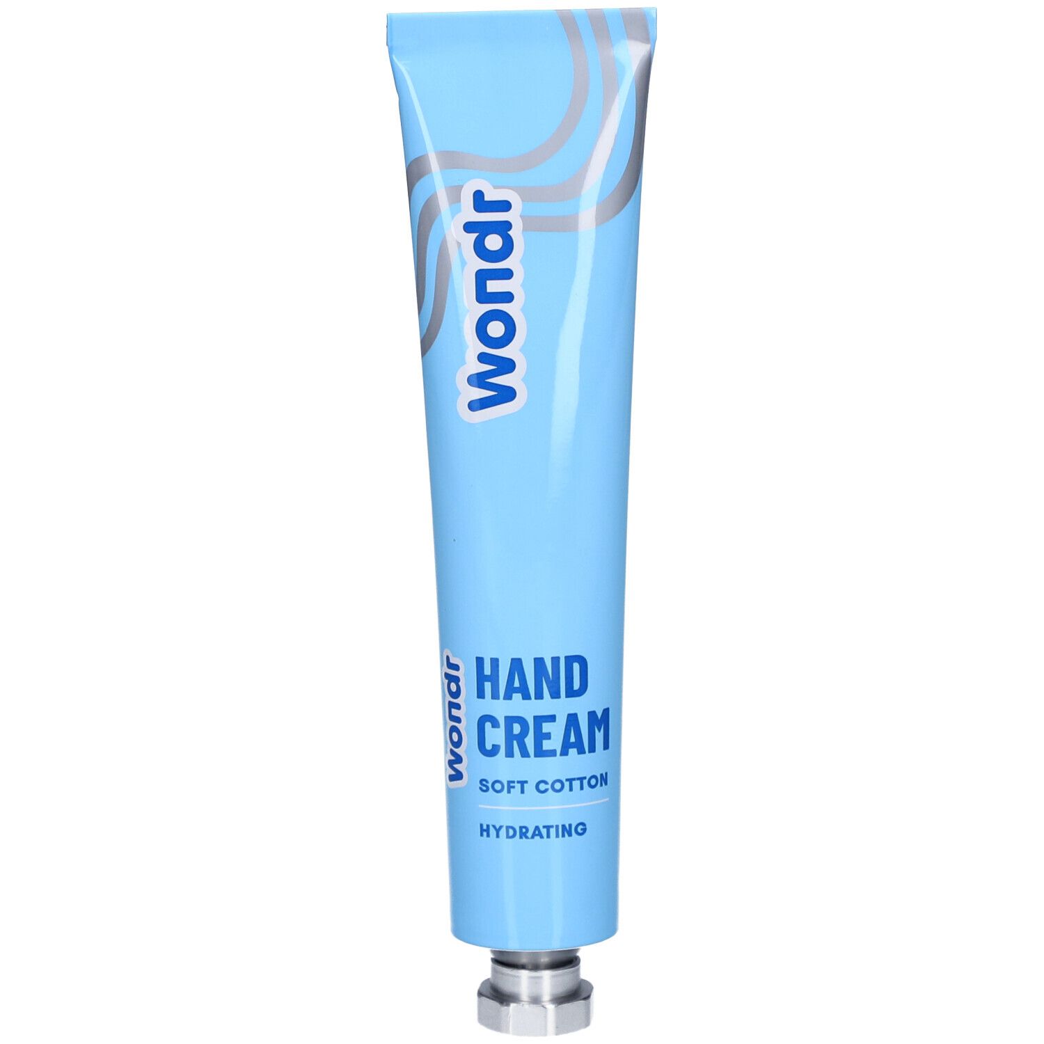 Tube bleu clair avec bouchon argenté. Inscription : Wondr, Hand Cream, Soft Cotton, Hydrating.