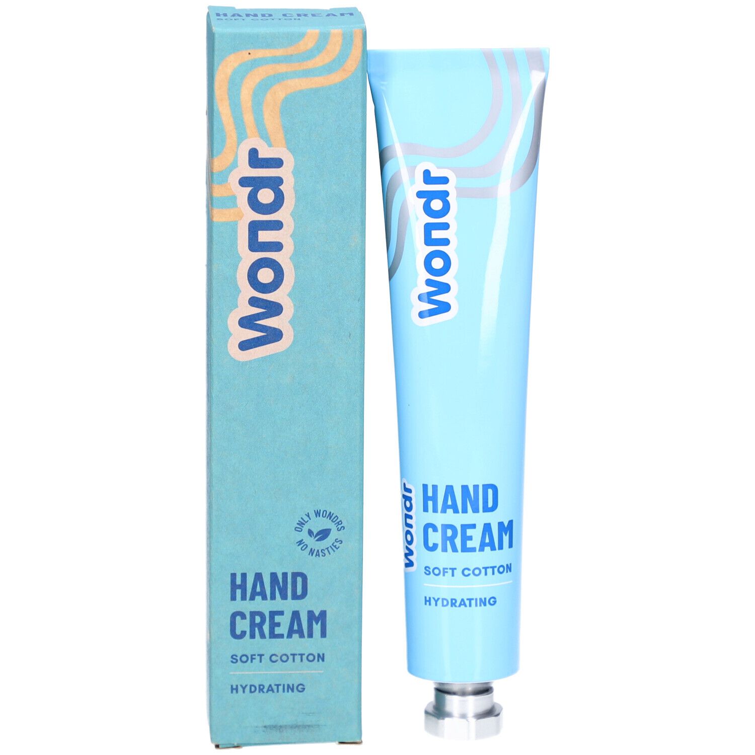 Tube et boîte bleus clairs. Inscription : Wondr, Hand Cream, Soft Cotton, Hydrating. Boîte avec logo.