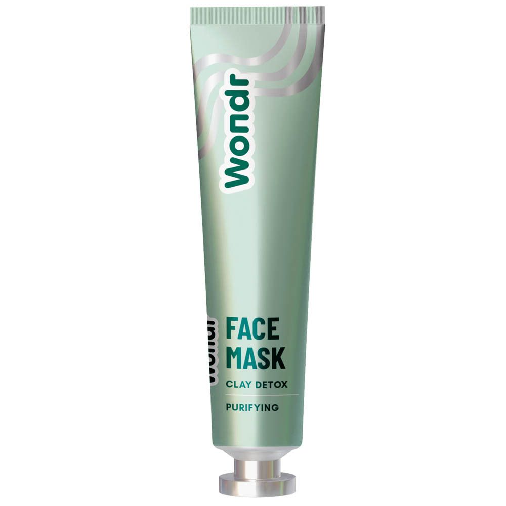 Masque facial en tube. Marque : Wondr. Texte : Face Mask Clay Detox Purifying. Tube vert clair avec bouchon argenté.