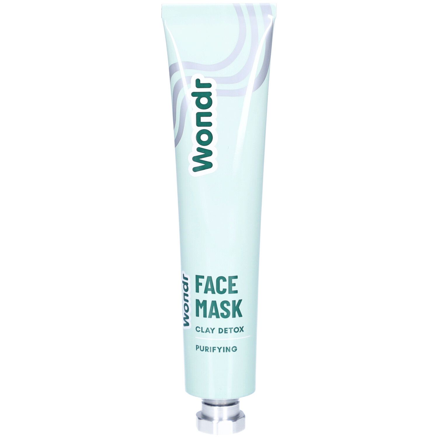 Masque facial en tube. Marque : Wondr. Texte : Face Mask Clay Detox Purifying. Tube vert clair avec bouchon argenté.