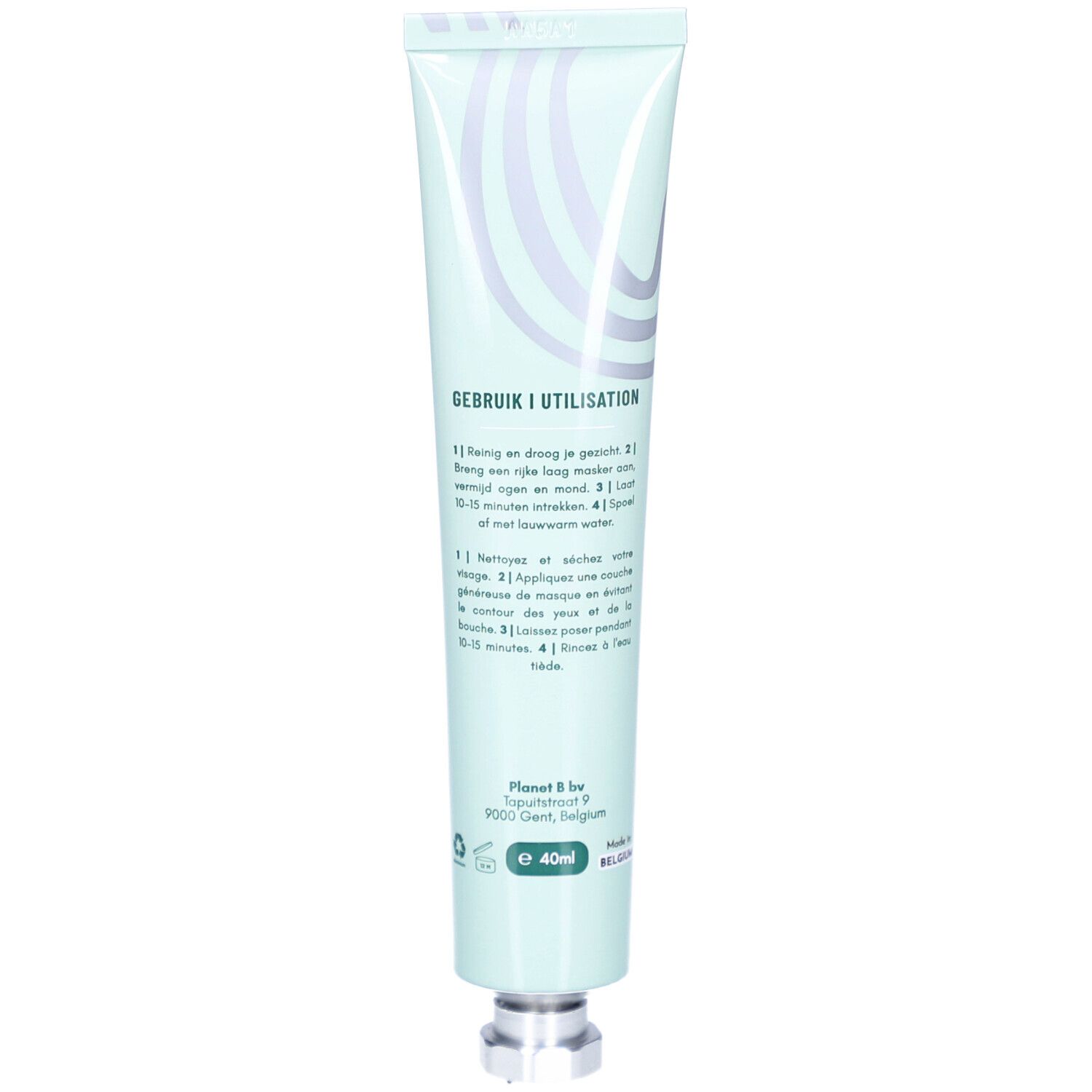 Tube de masque facial. Marque : Wondr. Texte : Mode d'emploi. Tube vert clair avec bouchon argenté. 40ml.