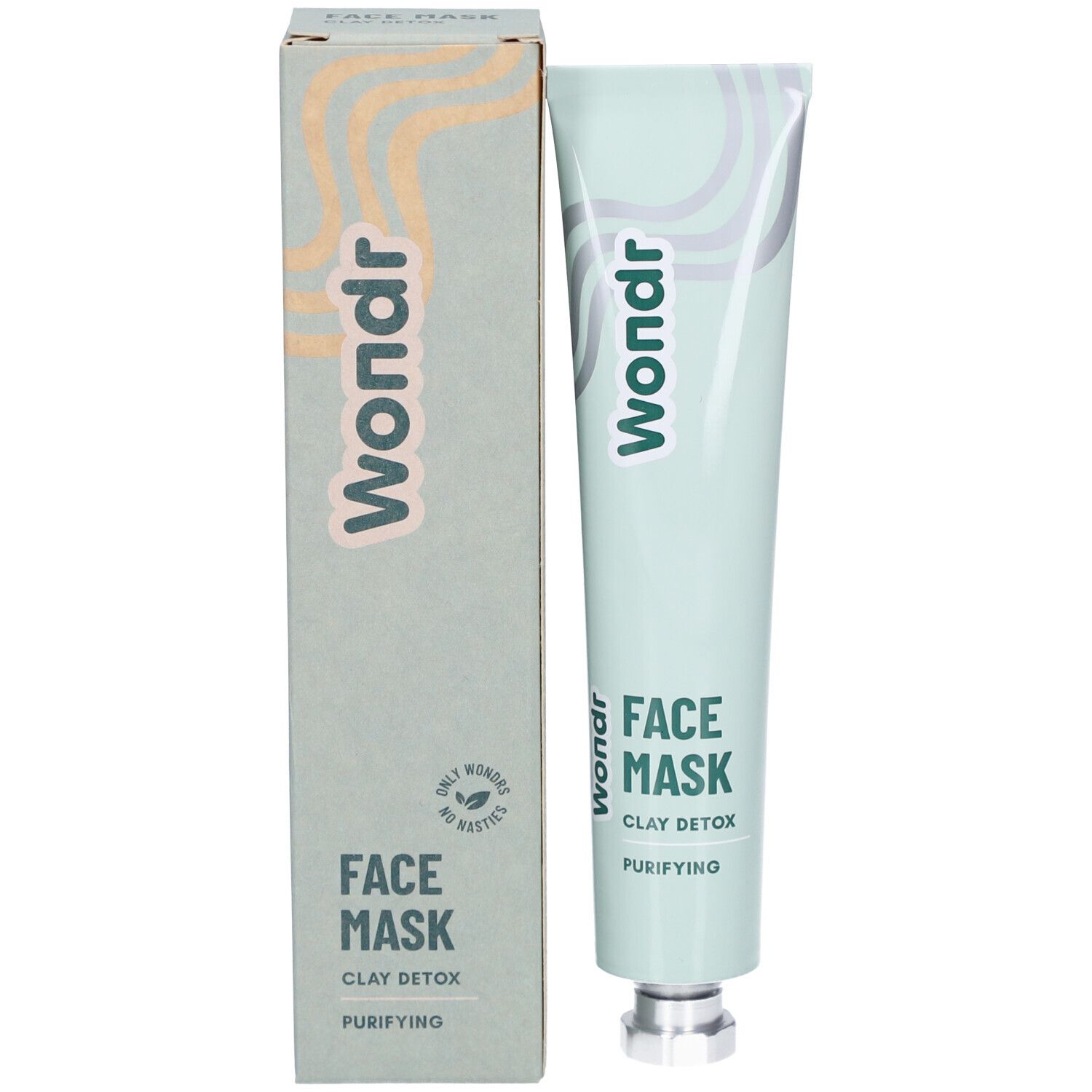 Masque facial et emballage. Marque : Wondr. Texte : Face Mask Clay Detox Purifying. Boîte avec produit. Seulement merveilles, pas de plastique.