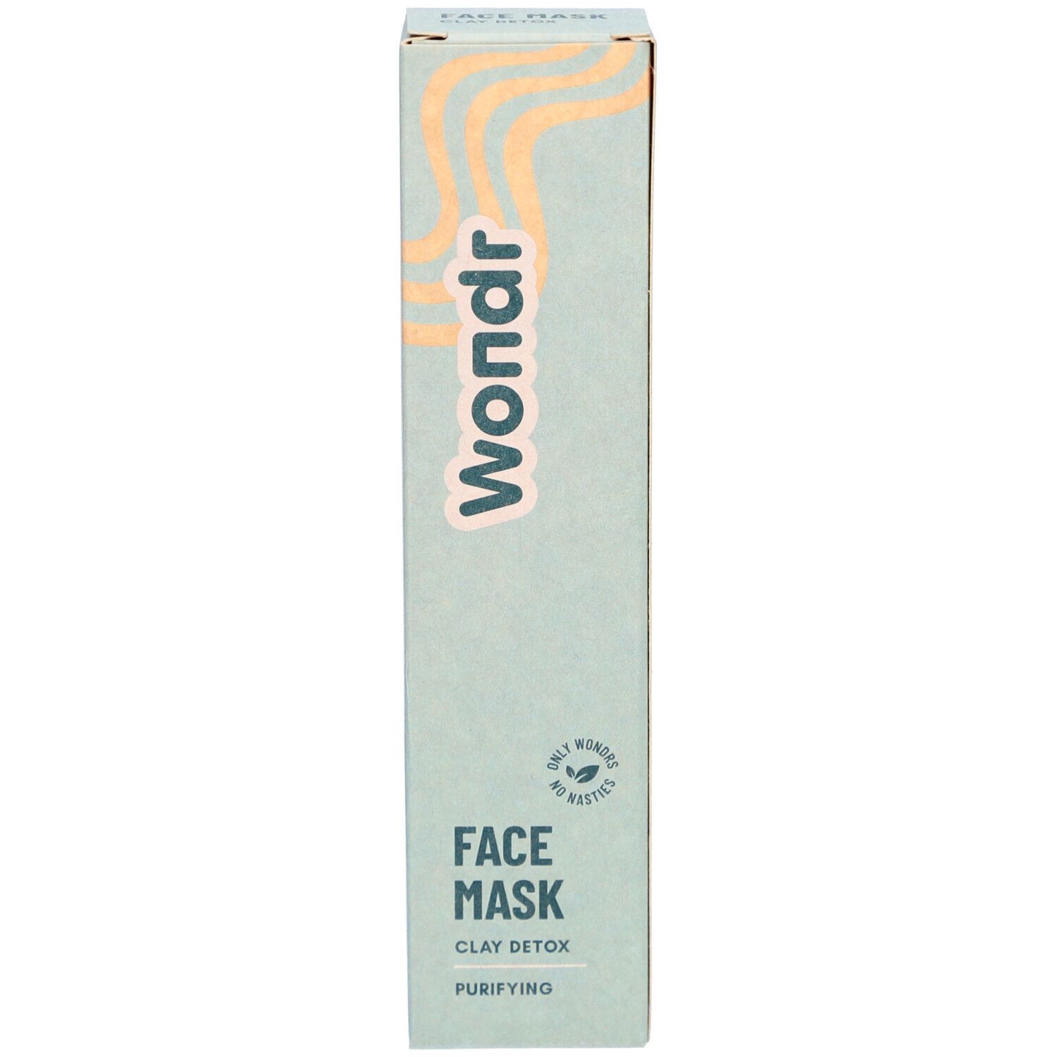 Emballage du masque facial. Marque : Wondr. Texte : Face Mask Clay Detox Purifying. Boîte avec produit. Seulement merveilles, pas de plastique.
