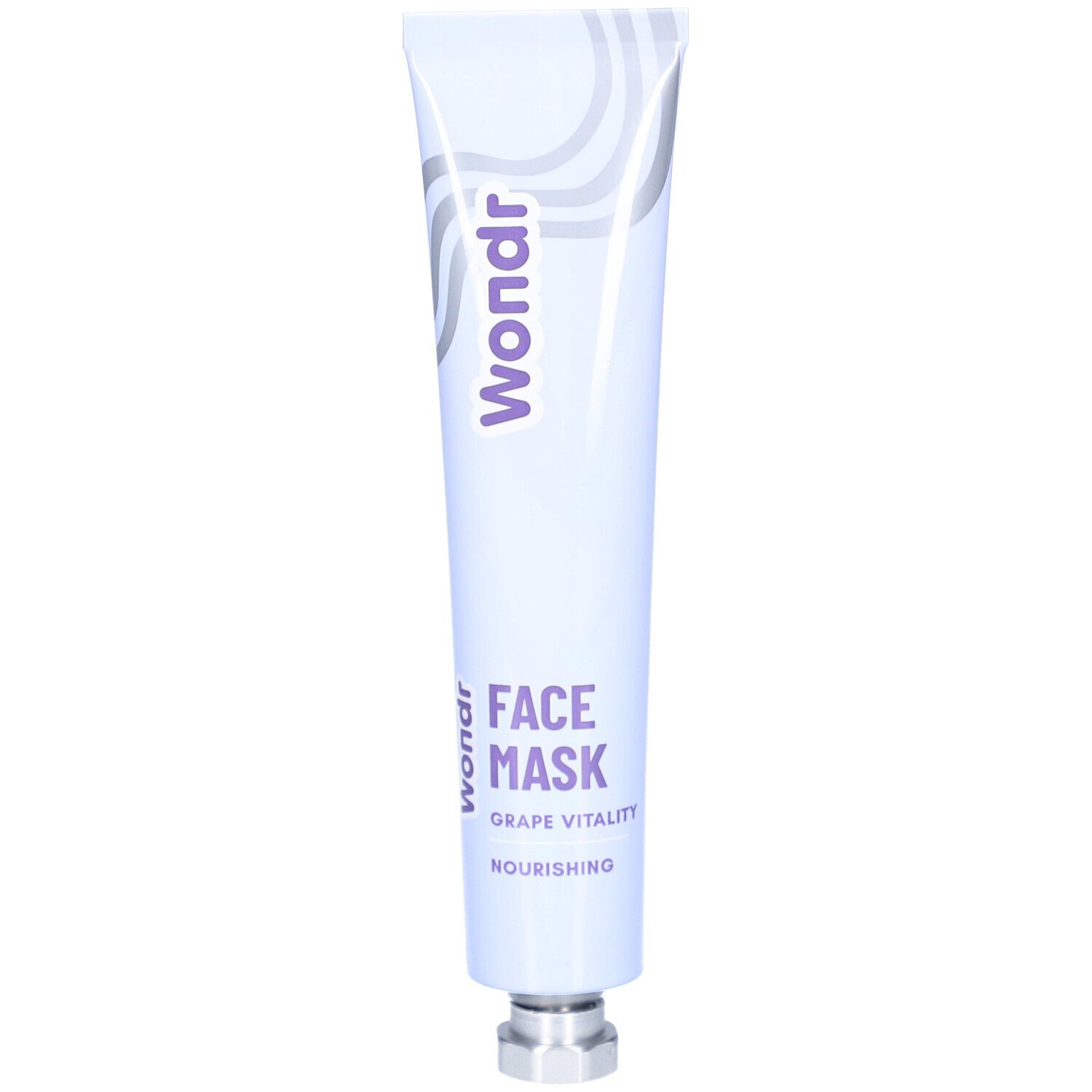 Tube blanc avec texte violet Wondr, Face Mask, Grape Vitality et Nourishing. Bouchon métal.
