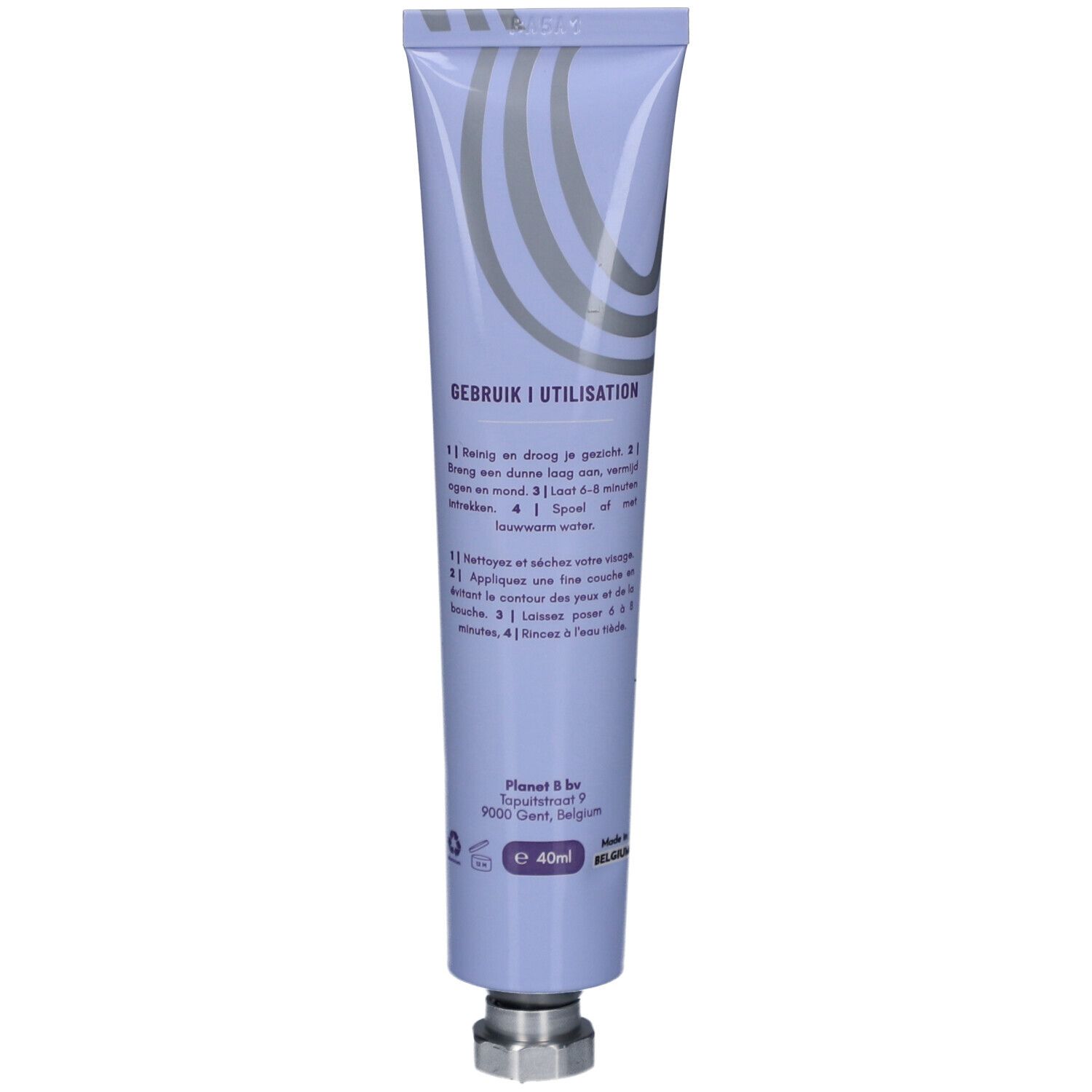 Tube violet avec texte: GEBRUIK I UTILISATION. Contient des instructions. Bouchon métal. 40ml.