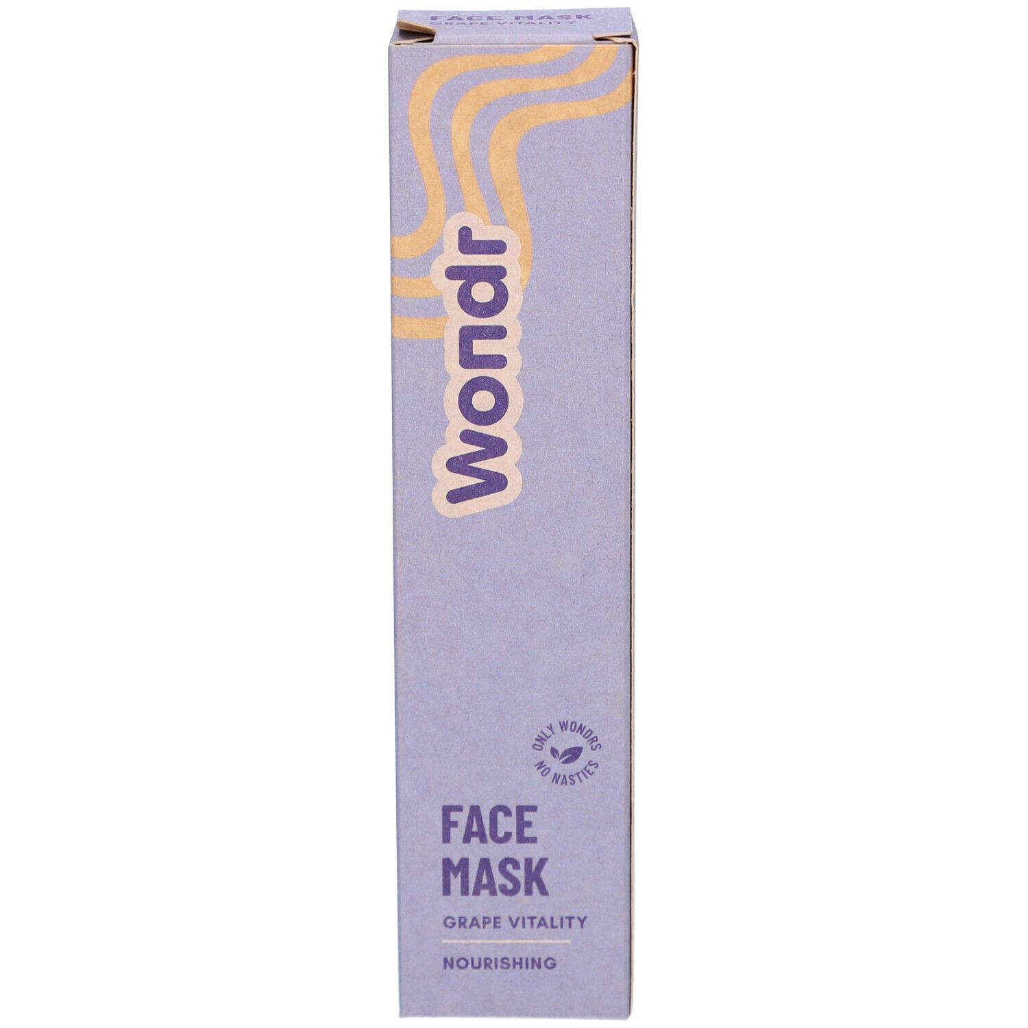 Boîte lilas avec Wondr, Face Mask, Grape Vitality, Nourishing. Motifs vagues jaunes.