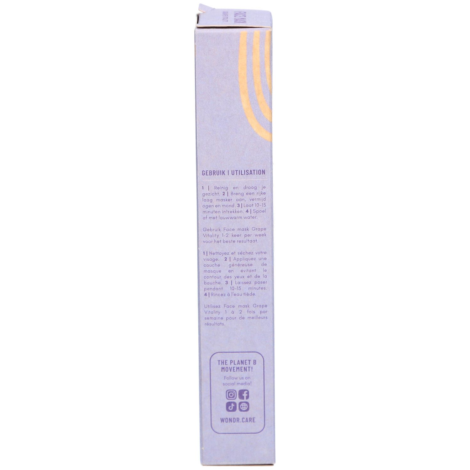 Dos de la boîte. Texte: GEBRUIK I UTILISATION. Contient des instructions. Icônes réseaux sociaux.