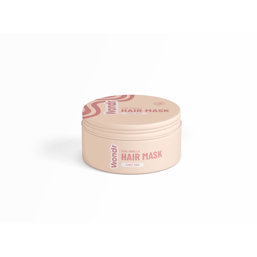 Récipient rond avec couvercle. Inscription : Wondr, Viva Vanilla Hair Mask, Curly Hair. Tons beige et rose.