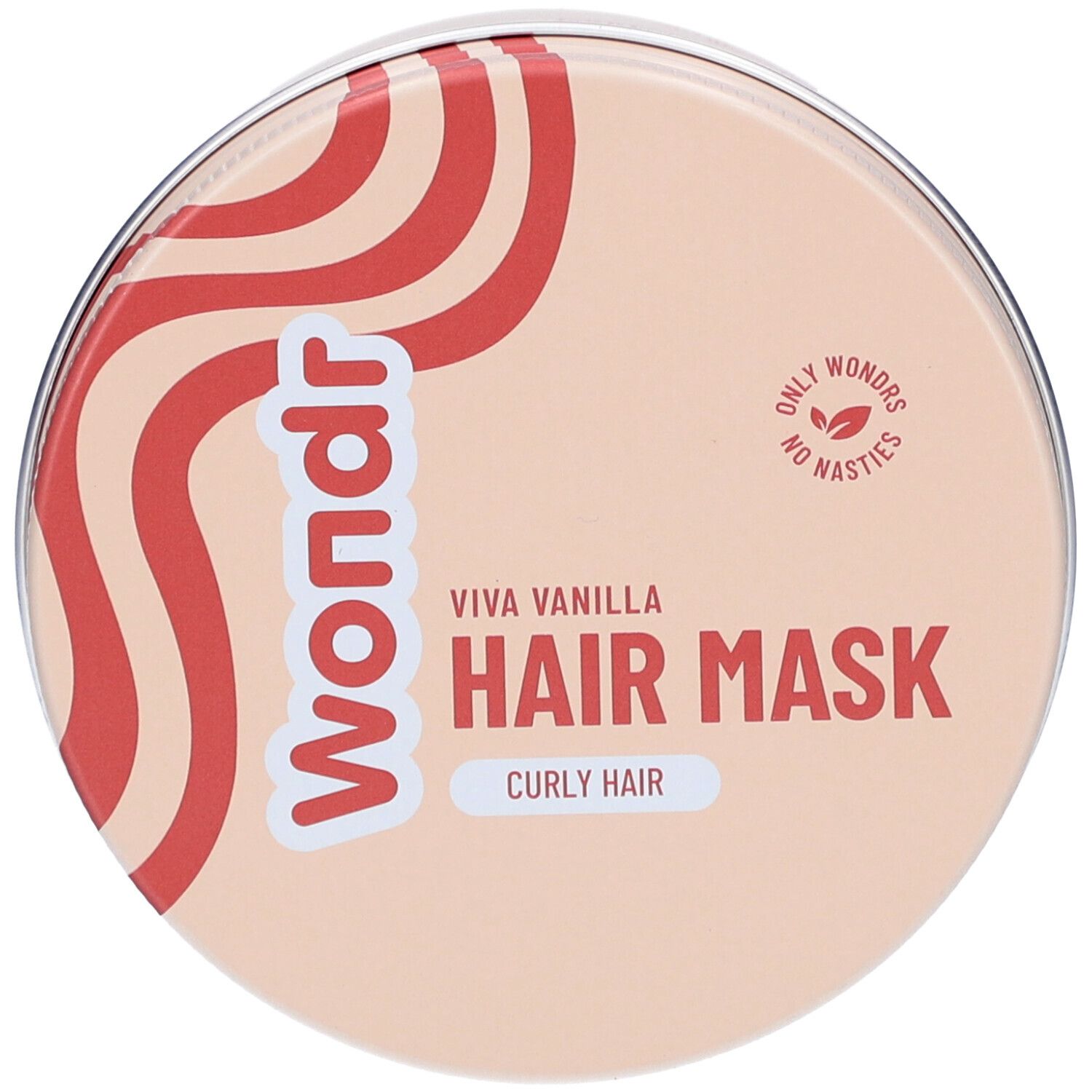 Boîte ronde avec motif rouge et inscription Wondr. Inscription : Viva Vanilla Hair Mask, Curly Hair. Seulement Wondrs, pas de déchets.