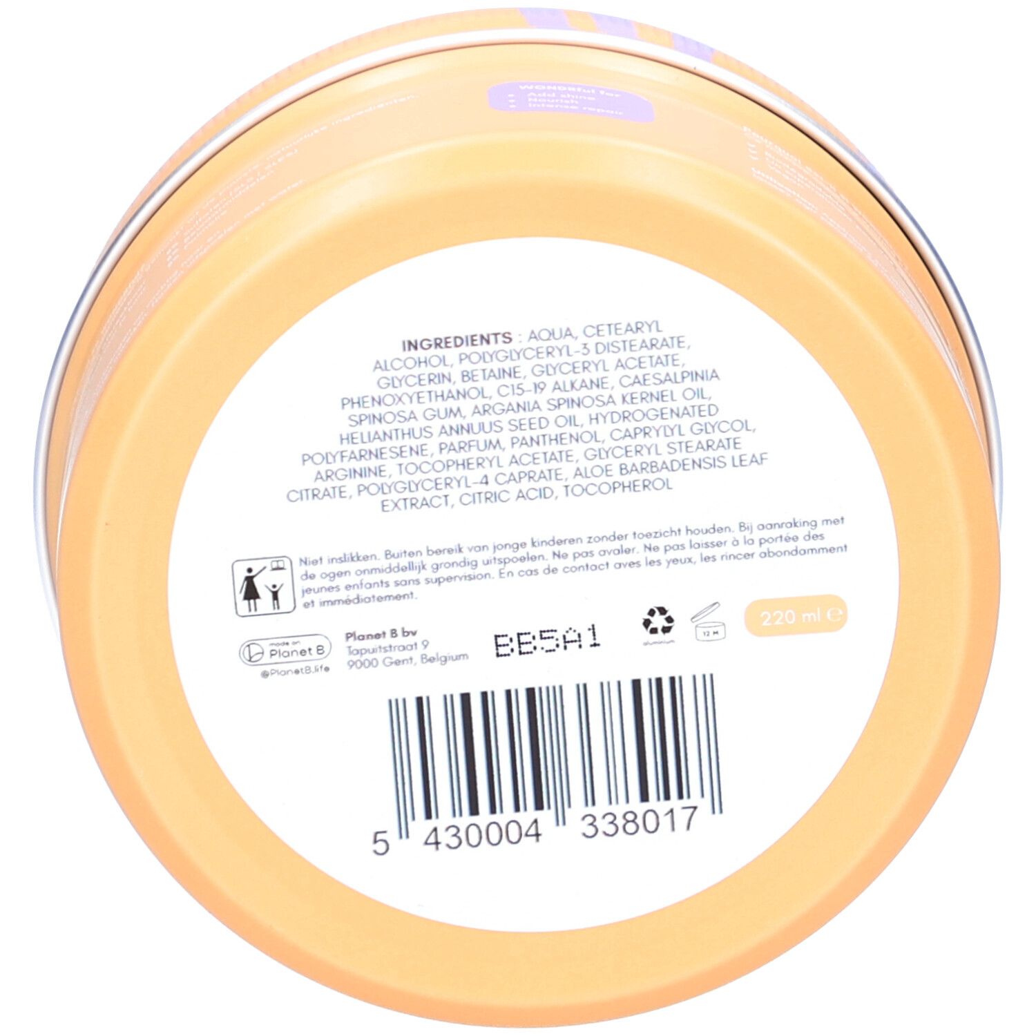 Fond d'un pot. Inscription : Ingrédients, code-barres, 250 ml. Texte multilingue. Symbole de recyclage.