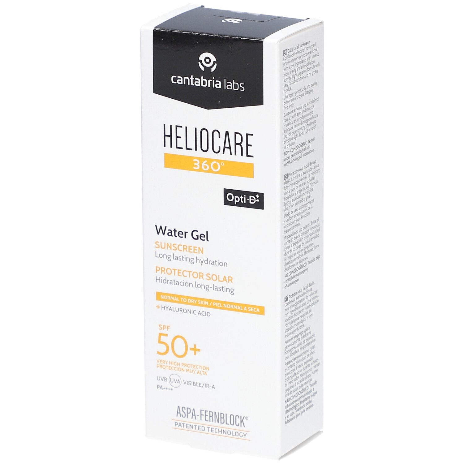 Emballage Heliocare 360° Water Gel SPF50+. Blanc, jaune et noir. Texte : Écran solaire, SPF 50+.