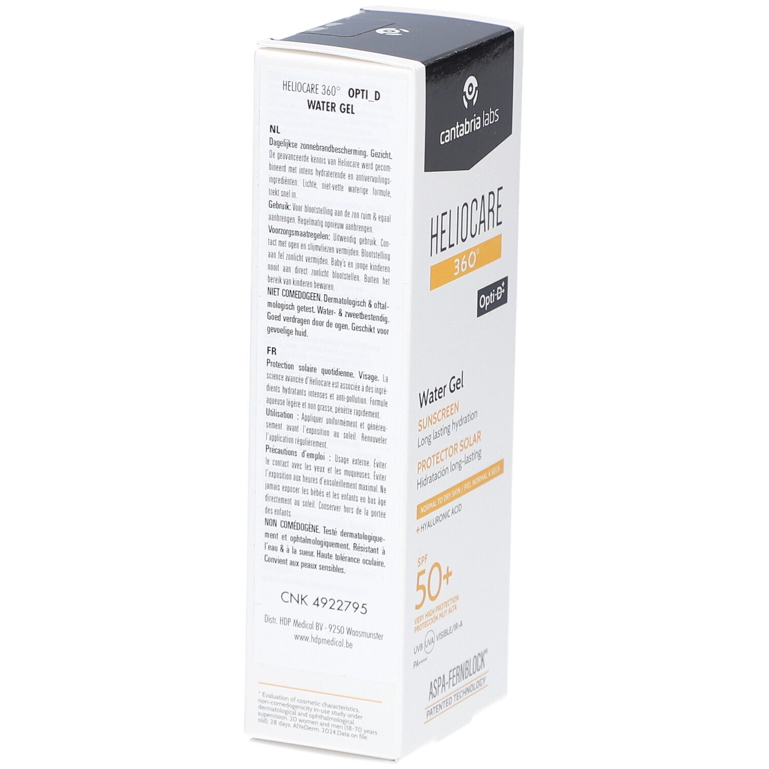 Emballage Heliocare 360° Water Gel SPF50+. Blanc, jaune et noir. Texte : Écran solaire, SPF 50+.