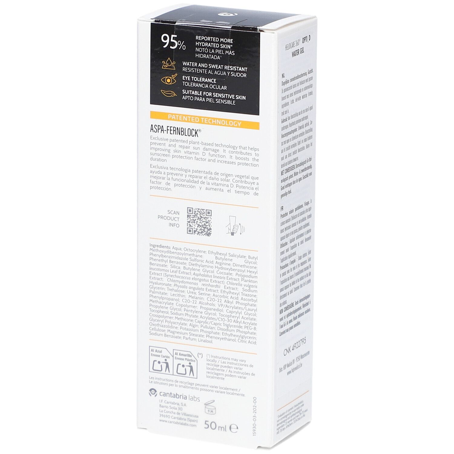 Dos de l'emballage Heliocare 360° Water Gel SPF50+. Texte et code QR. 50 ml.