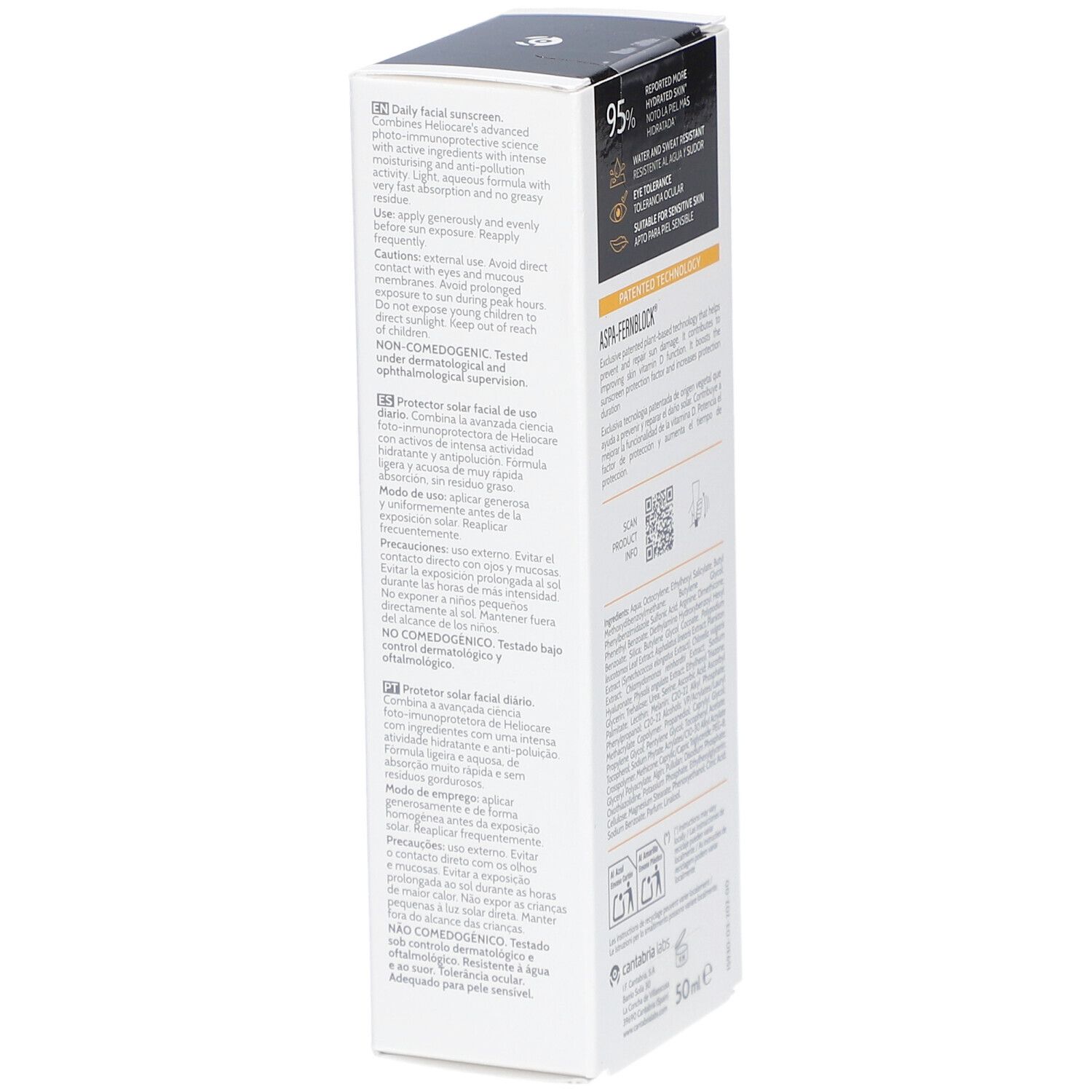 Dos de l'emballage Heliocare 360° Water Gel SPF50+. Texte et code QR. 50 ml.