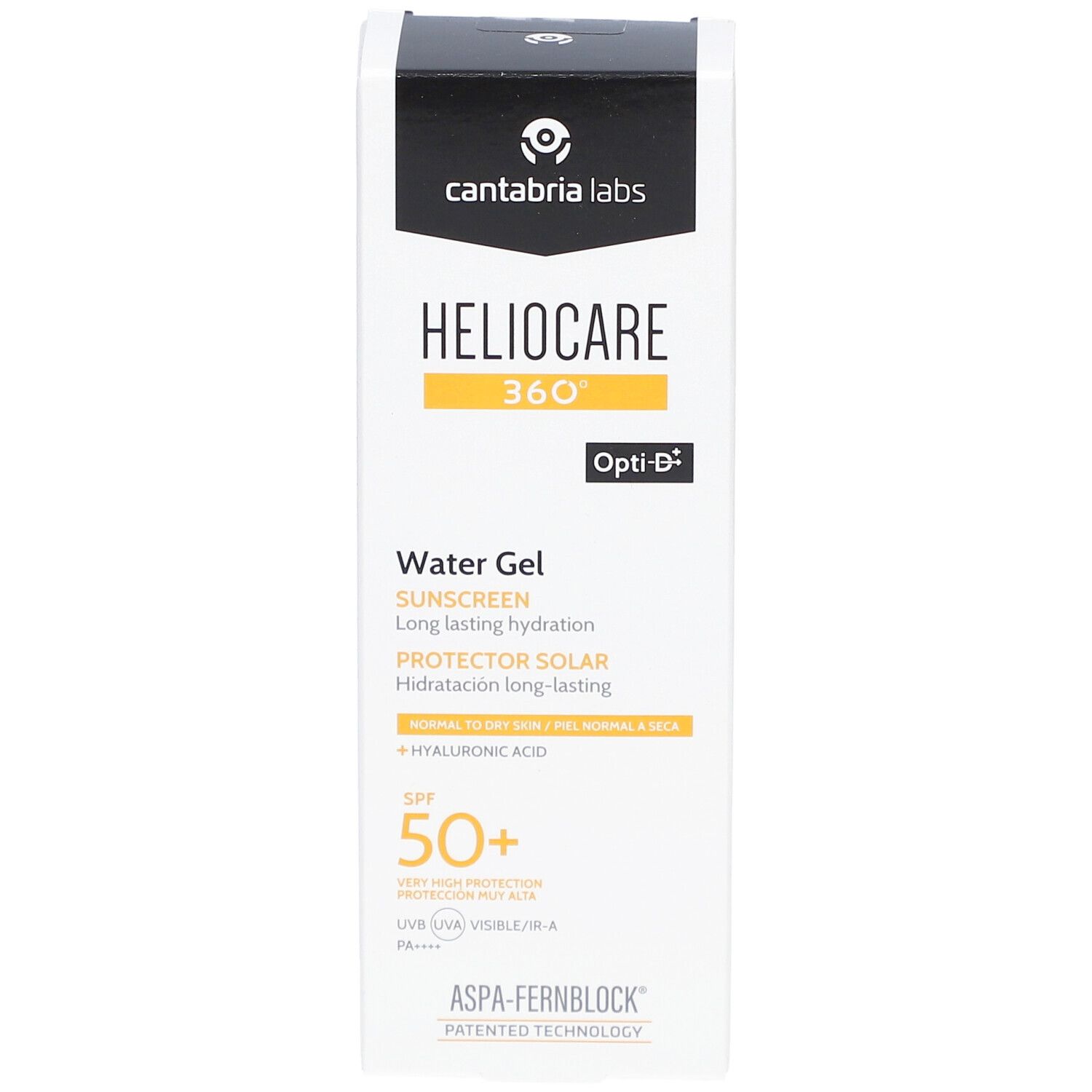 Emballage Heliocare 360° Water Gel SPF50+. Blanc, jaune et noir. Texte : Écran solaire, SPF 50+.