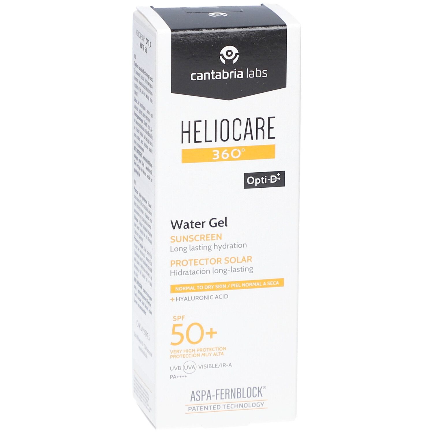 Emballage Heliocare 360° Water Gel SPF50+. Blanc, jaune et noir. Texte : Écran solaire, SPF 50+.
