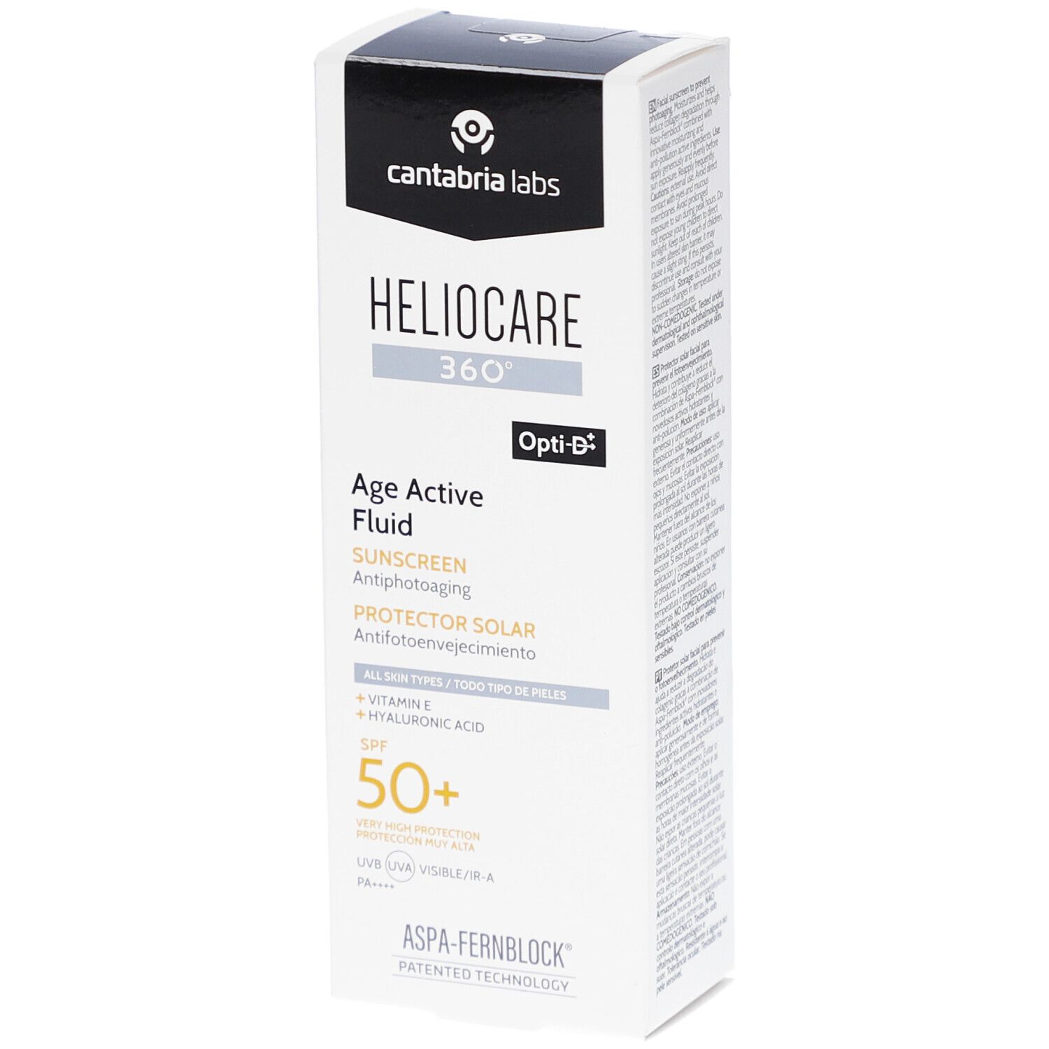Boîte blanche avec informations produit. Inscription: Heliocare 360° Age Active Fluid SPF50+. Marque: Cantabria Labs.