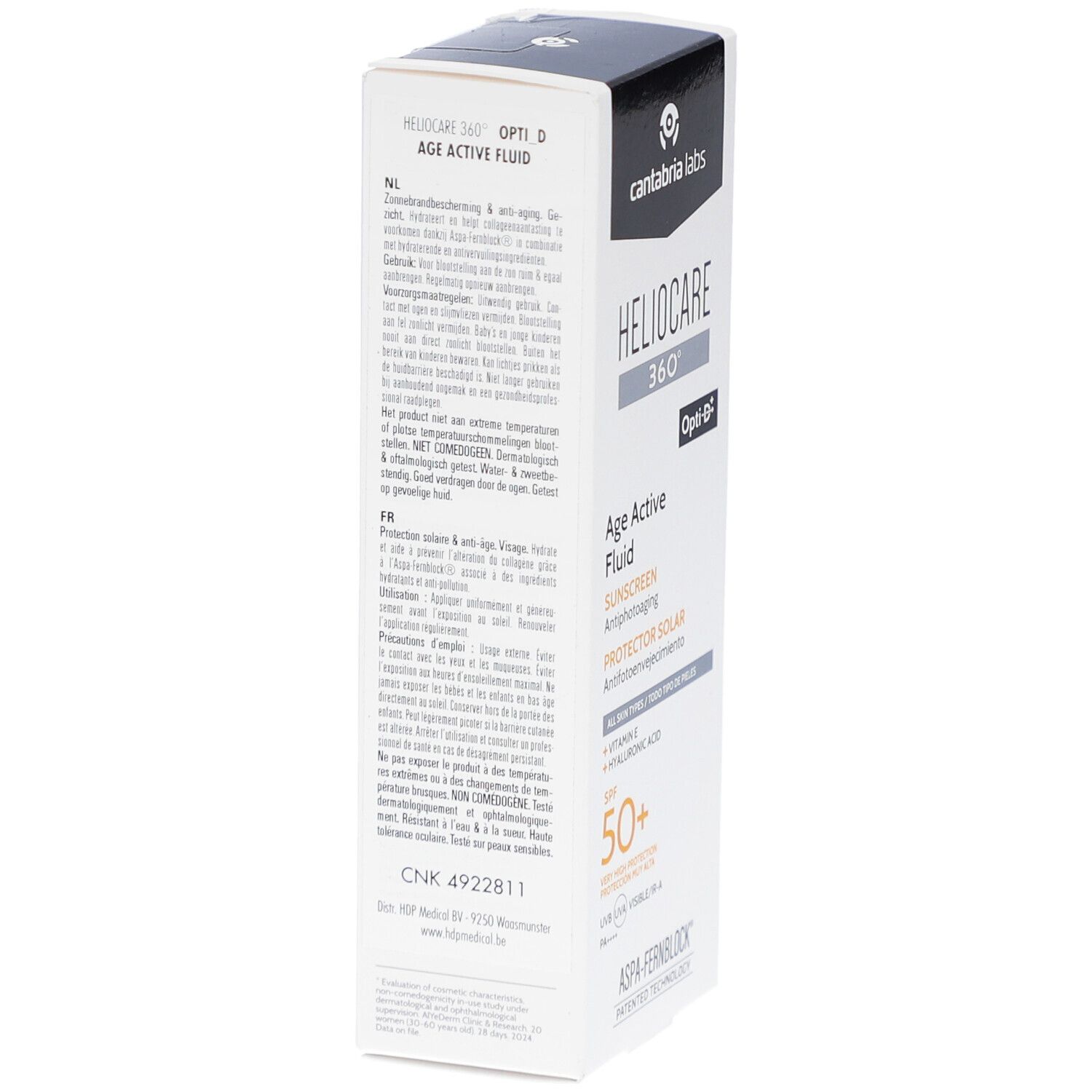 Dos de l'emballage du produit. Texte multilingue. Marque: Cantabria Labs. Produit: Heliocare 360° Age Active Fluid.