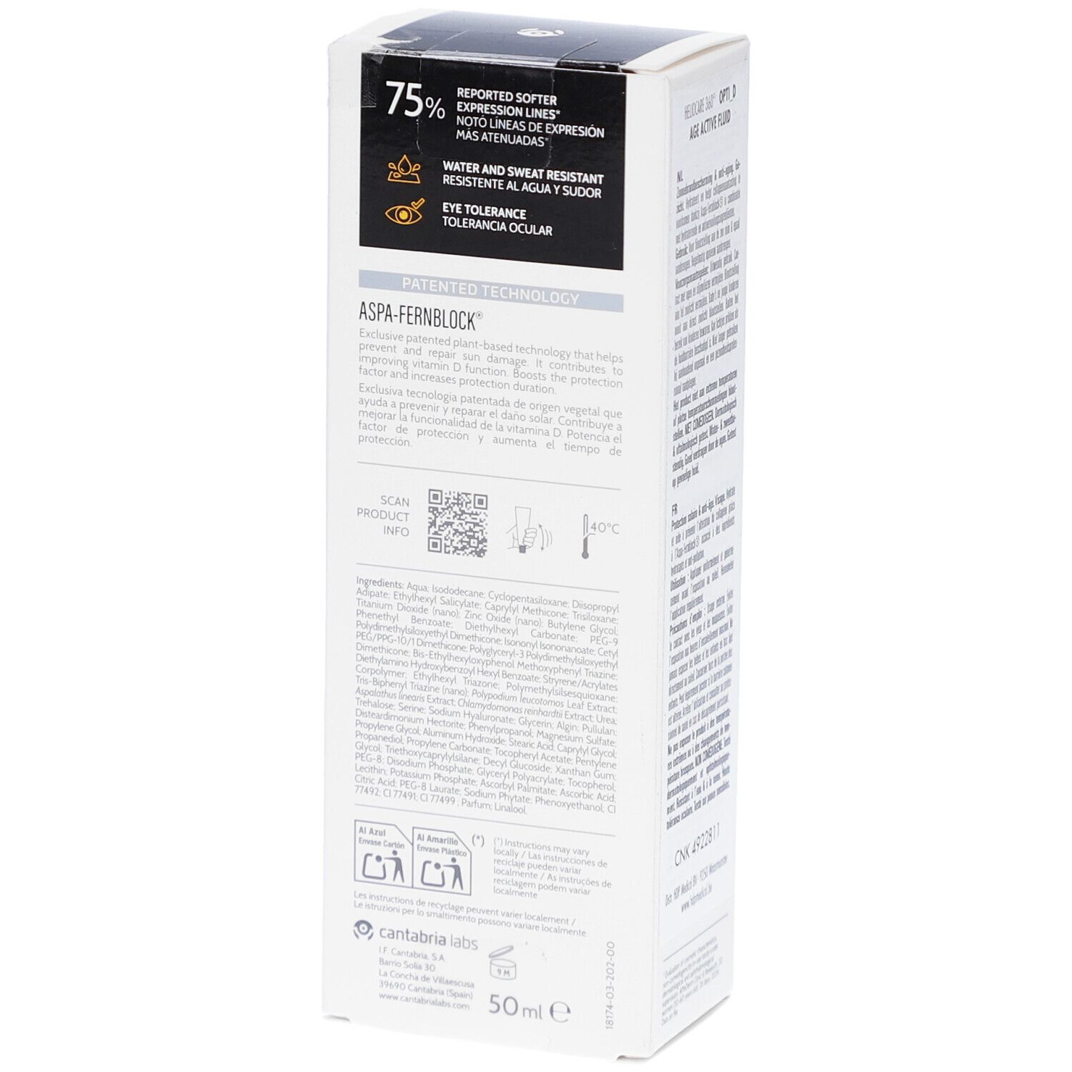 Dos de l'emballage du produit. Texte avec ingrédients et informations. Marque: Cantabria Labs. Produit: Heliocare 360° Age Active Fluid.