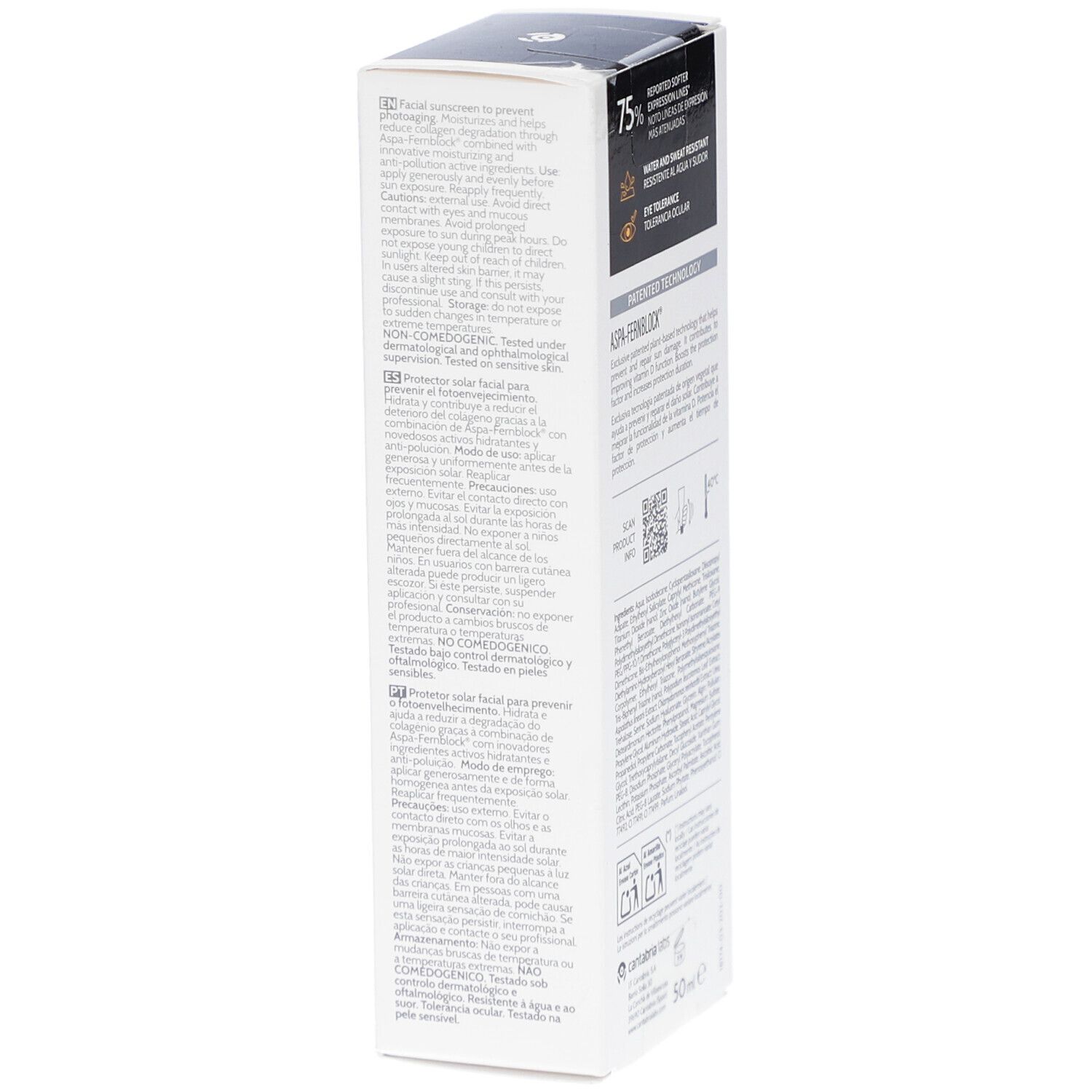 Dos de l'emballage du produit. Texte avec ingrédients et informations. Marque: Cantabria Labs. Produit: Heliocare 360° Age Active Fluid.