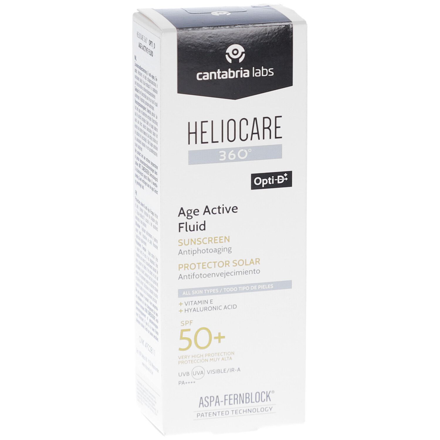 Boîte blanche avec informations produit. Inscription: Heliocare 360° Age Active Fluid SPF50+. Marque: Cantabria Labs.