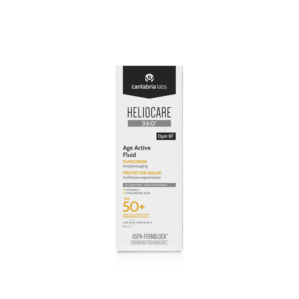 Boîte blanche avec informations produit. Inscription: Heliocare 360° Age Active Fluid SPF50+. Marque: Cantabria Labs.