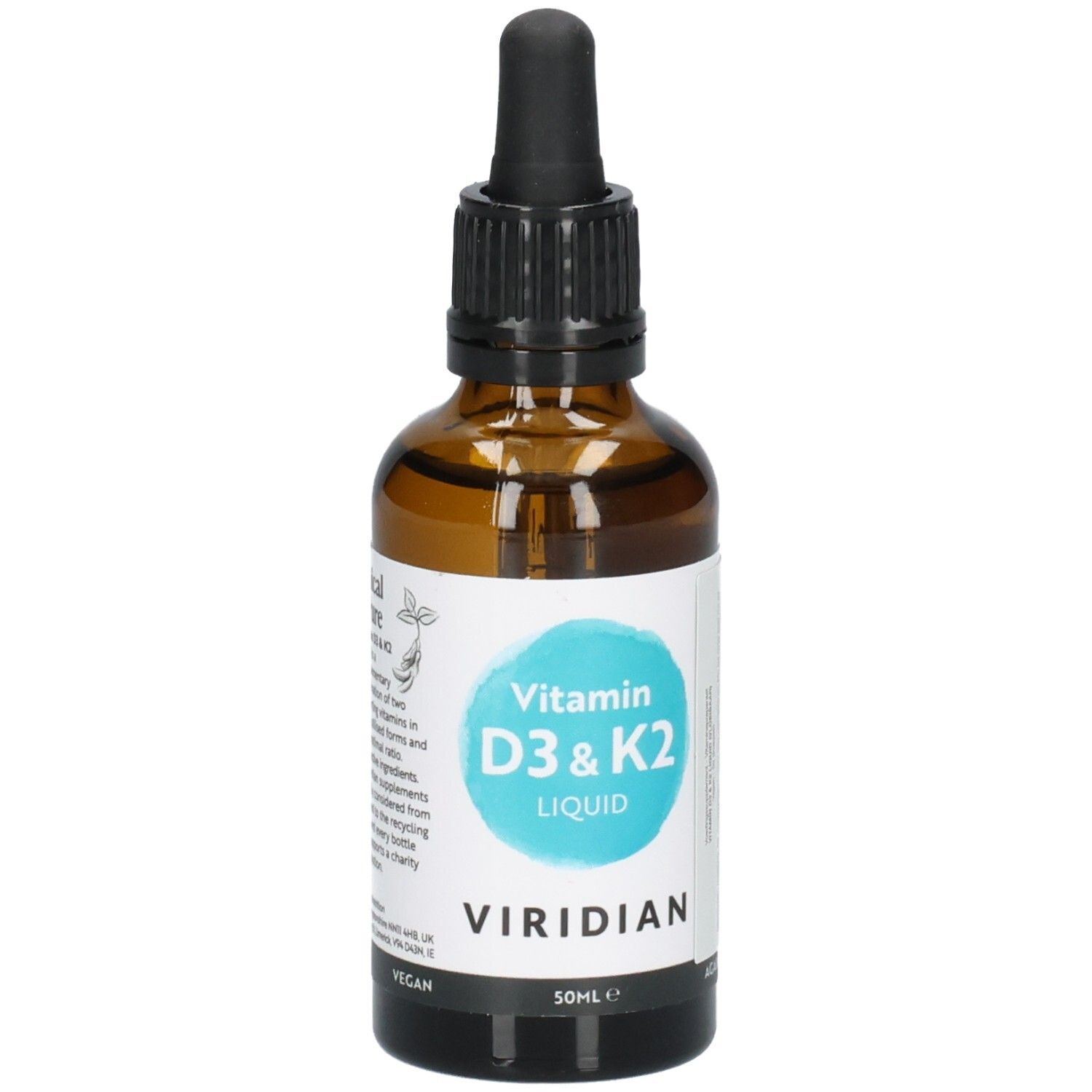 Flacon en verre brun avec pipette, contient Viridian Vitamin D3 & K2 Liquid, 50ml.