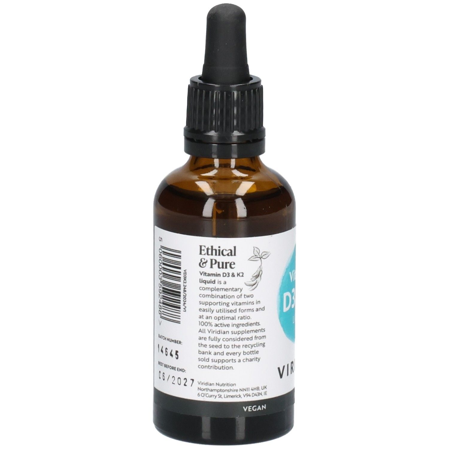 Arrière d'un flacon Viridian Vitamin D3 & K2 Liquid avec étiquette 'Ethical & Pure'.