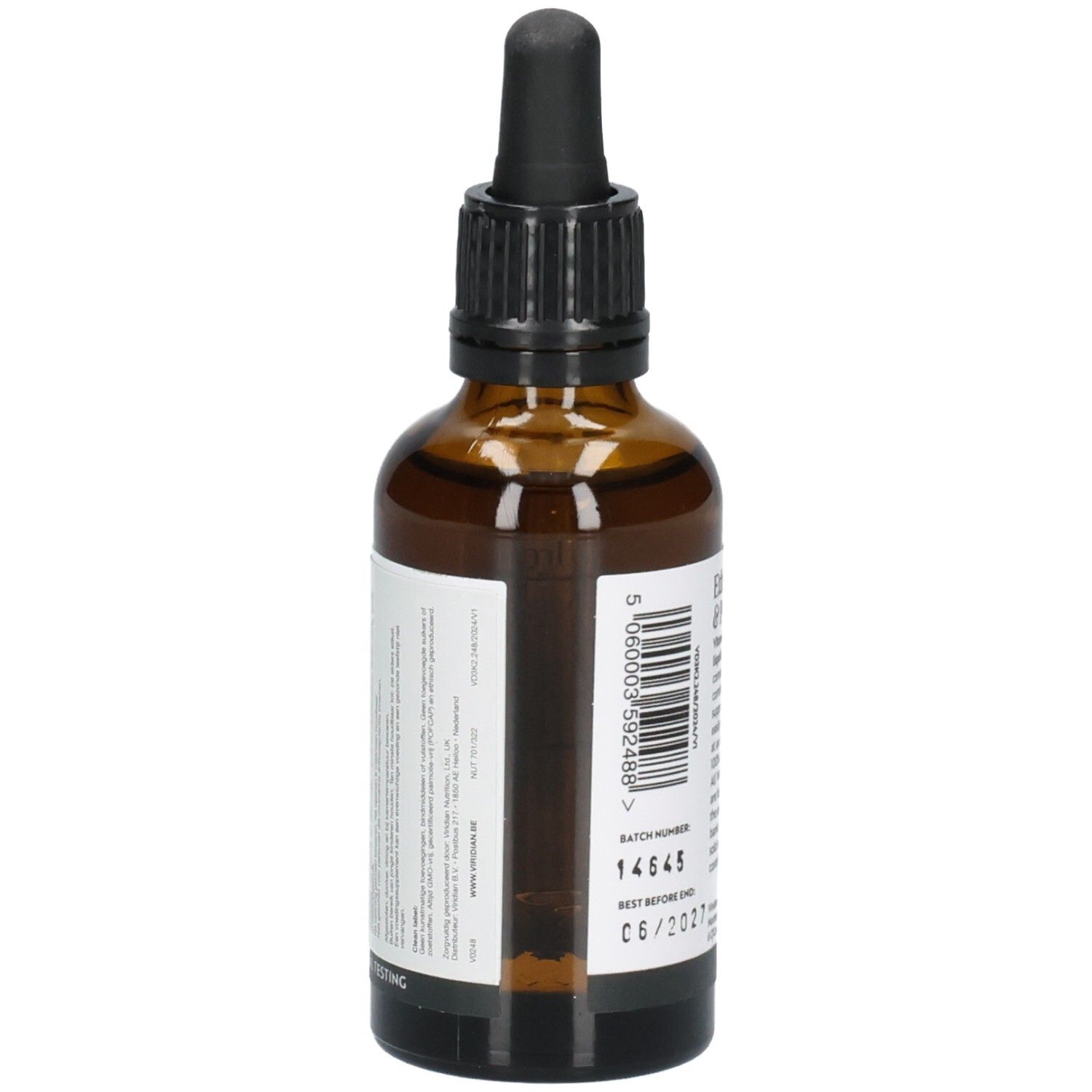 Côté d'un flacon Viridian Vitamin D3 & K2 Liquid avec code-barres et numéro de lot.