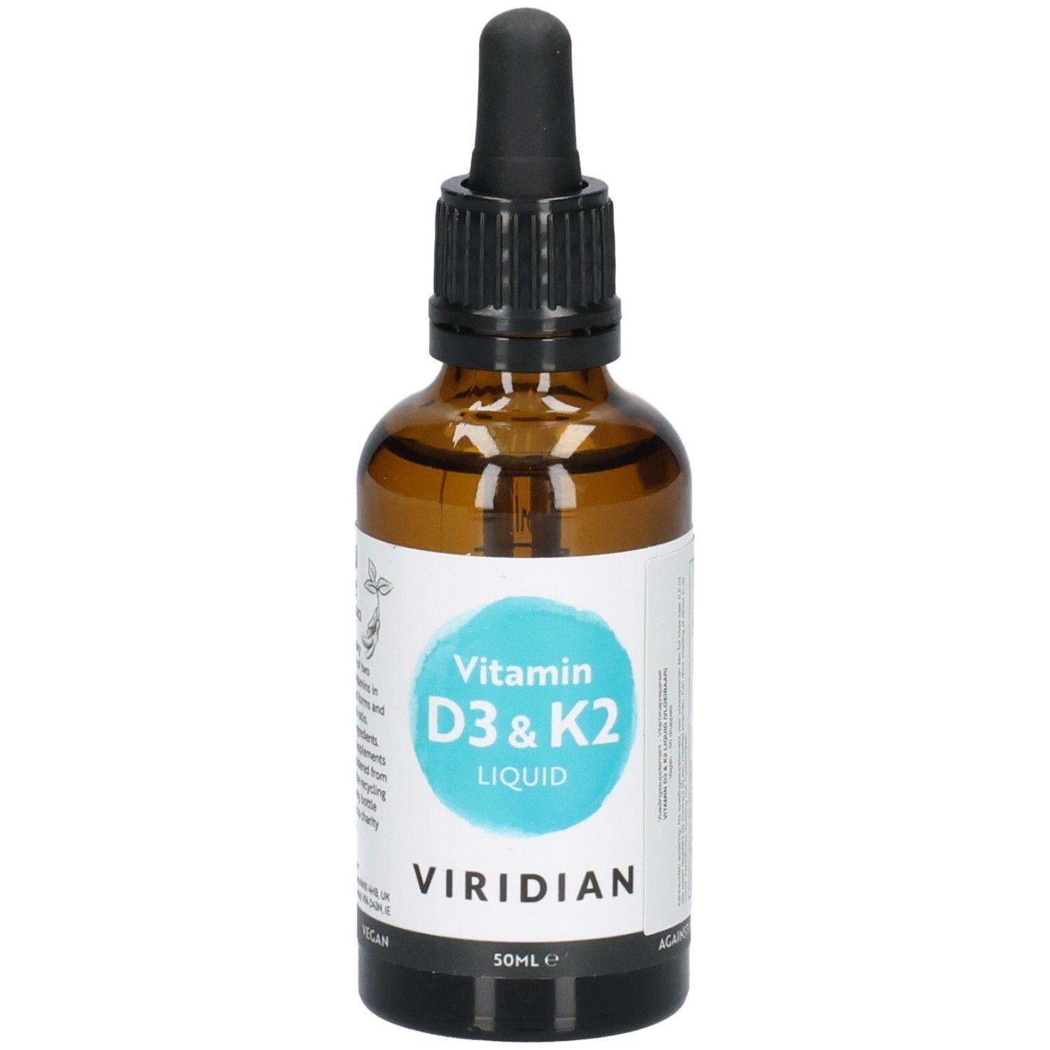 Flacon Viridian Vitamin D3 & K2 Liquid, 50ml, avec pipette et étiquette.