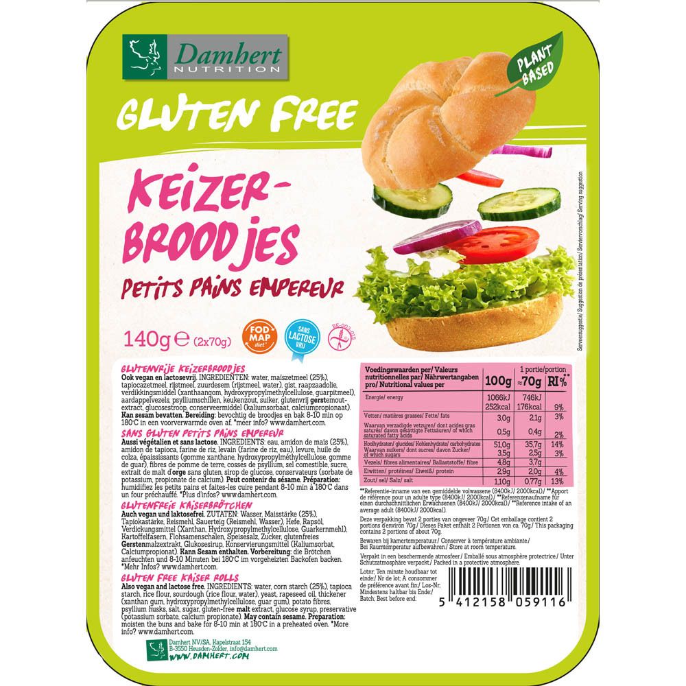 Emballage de petits pains sans gluten. Inscription: Damhert Gluten Free Keizer-Broodjes, Petit Pains Empereur. Représentation: un petit pain avec des légumes.