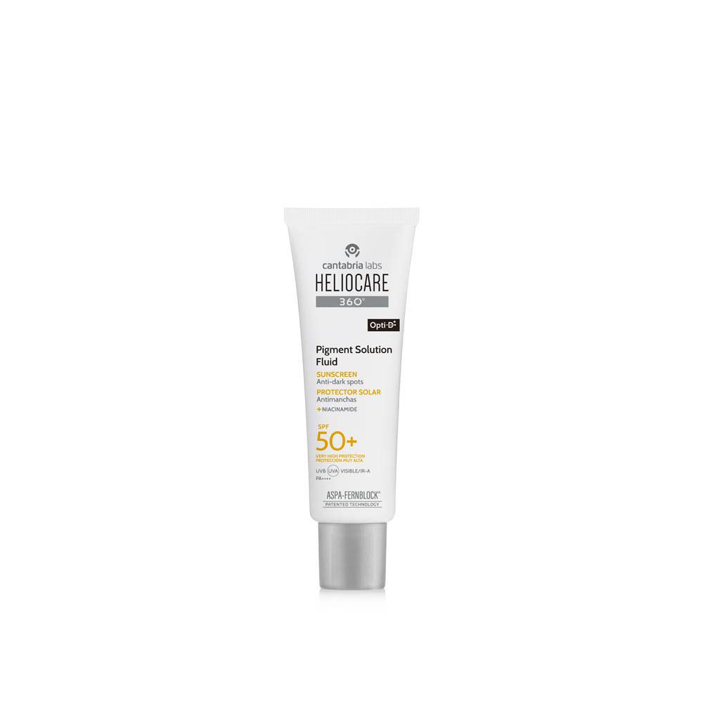 Tube Heliocare 360 Fluide Solution Pigment SPF50+. Blanc, informations produit et logo.