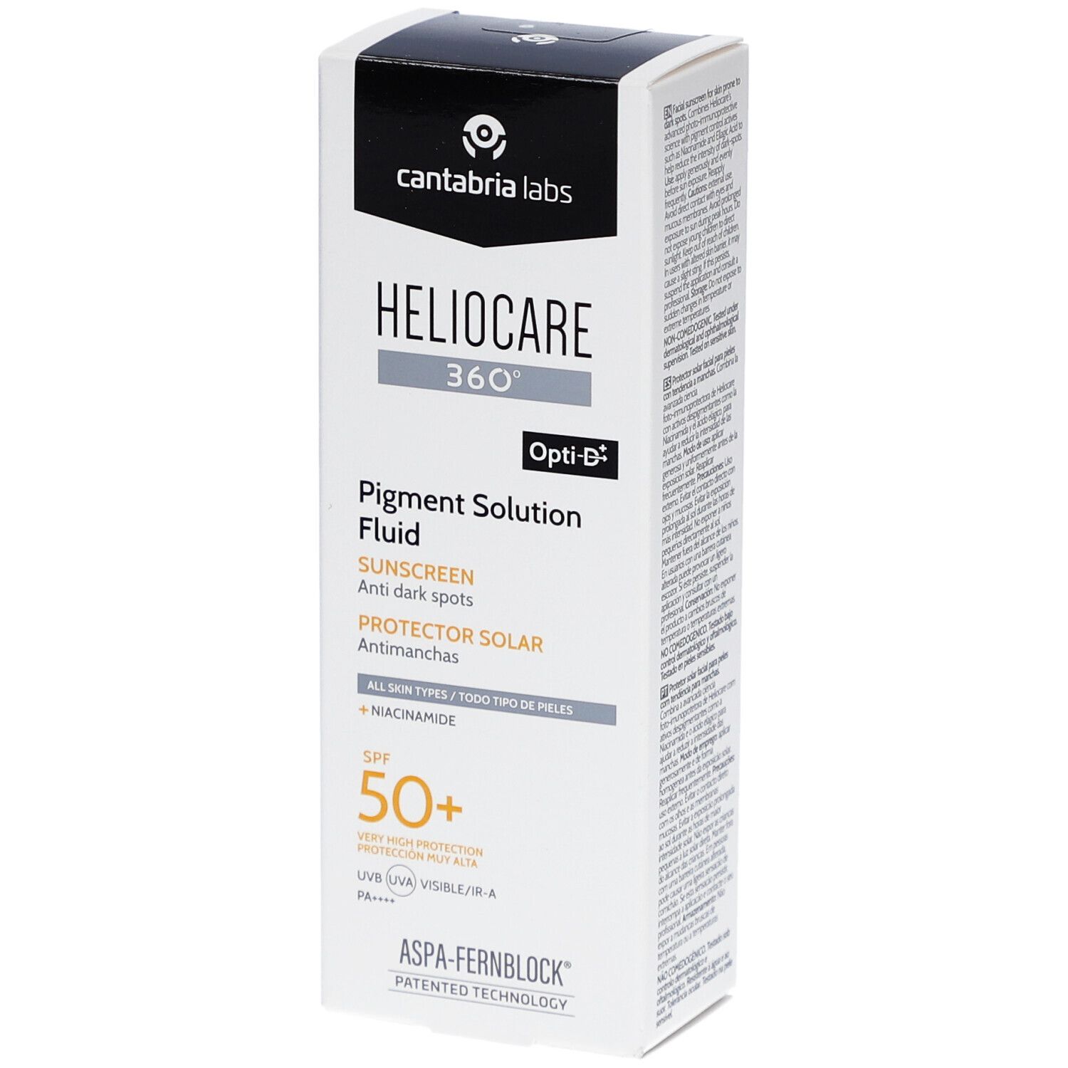 Boîte Heliocare 360 Fluide Solution Pigment SPF50+. Blanche, informations produit et logo visibles.