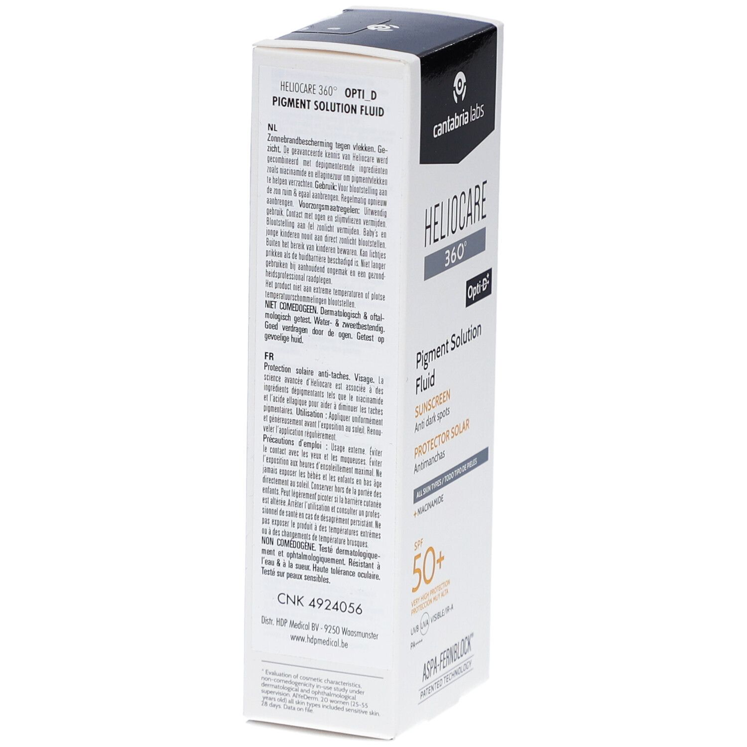 Boîte Heliocare 360 Fluide Solution Pigment SPF50+. Vue arrière avec texte et logo.