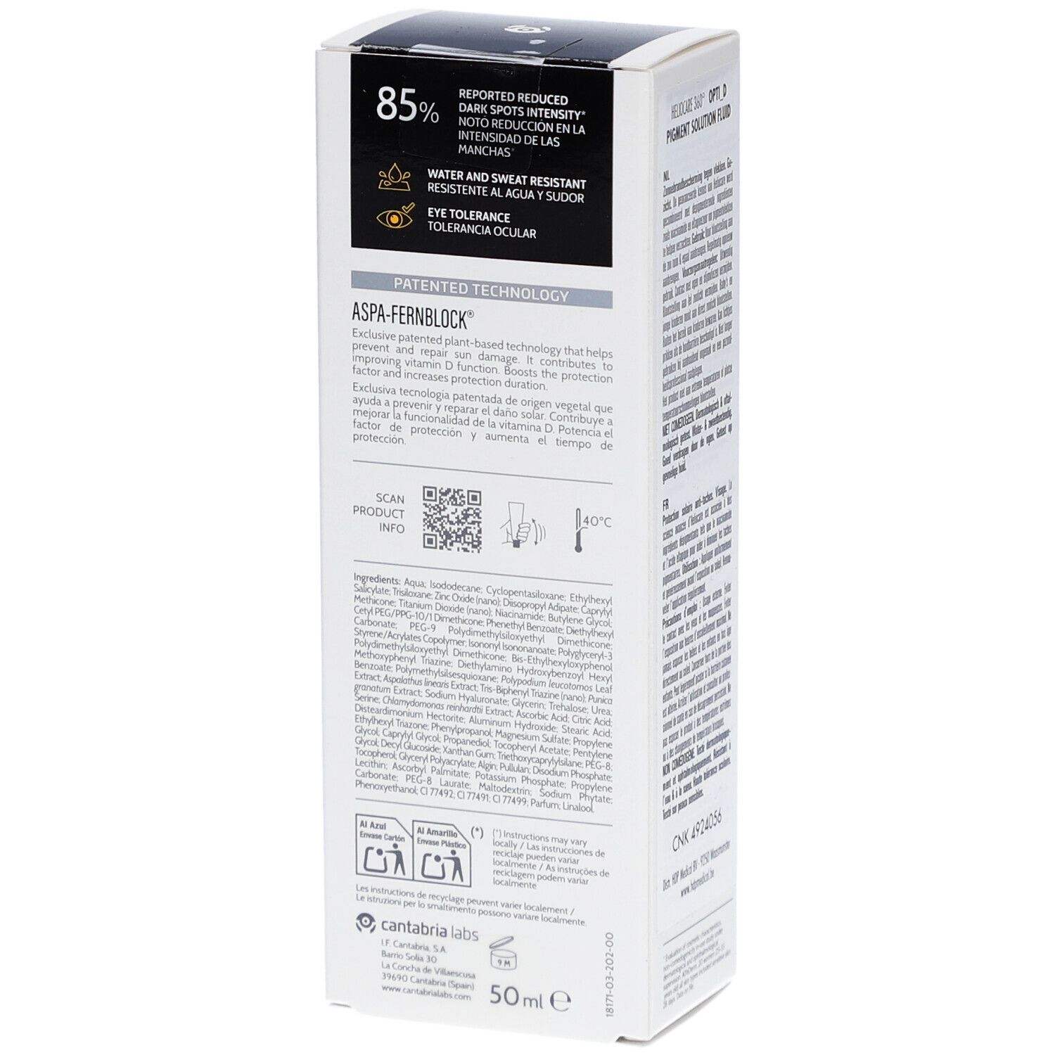 Dos de l'emballage Heliocare 360 Fluide Solution Pigment SPF50+. Texte et code QR.