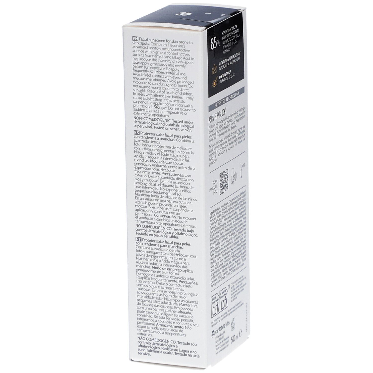 Dos de l'emballage Heliocare 360 Fluide Solution Pigment SPF50+. Texte et code QR.
