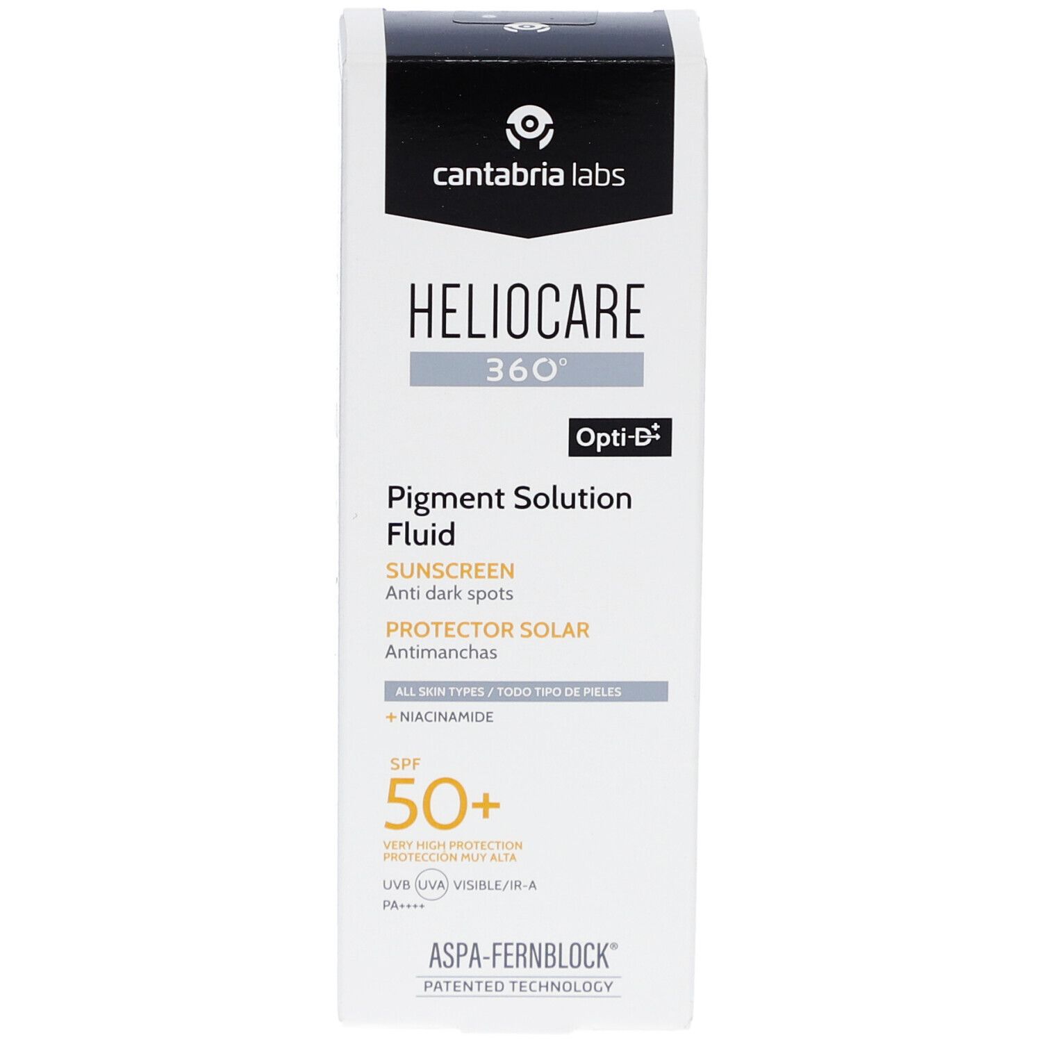 Boîte Heliocare 360 Fluide Solution Pigment SPF50+. Blanche, informations produit et logo visibles.