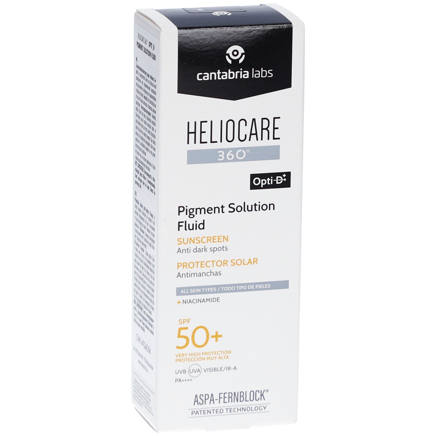 Boîte Heliocare 360 Fluide Solution Pigment SPF50+. Blanche, informations produit et logo visibles.