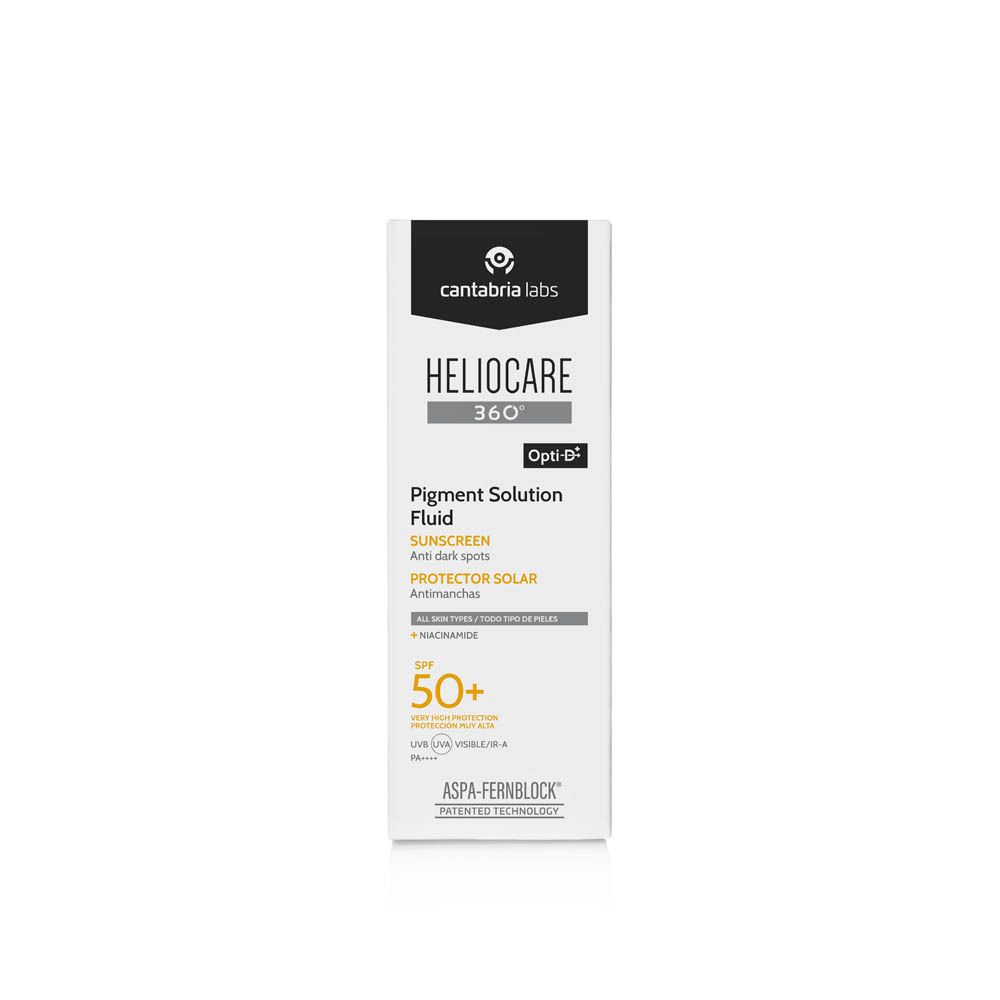 Boîte Heliocare 360 Fluide Solution Pigment SPF50+. Blanche, informations produit et logo visibles.