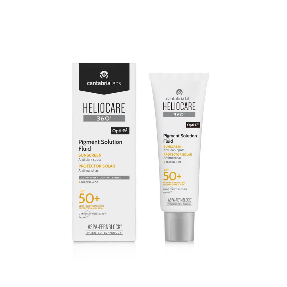 Tube et emballage Heliocare 360 Fluide Solution Pigment SPF50+. Blanc, avec logo.