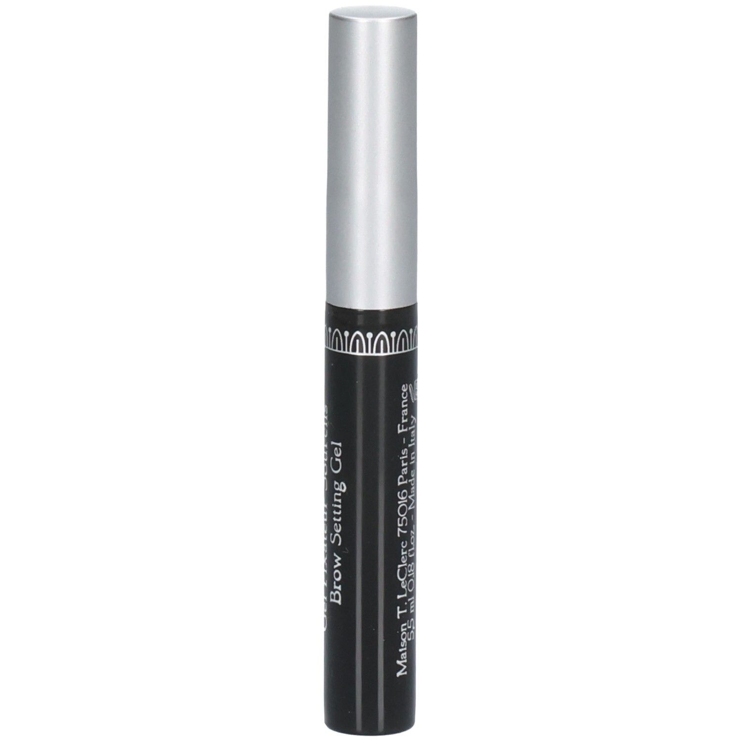 Gel Fixateur Sourcils T. LeClerc, flacon noir avec capuchon argenté.