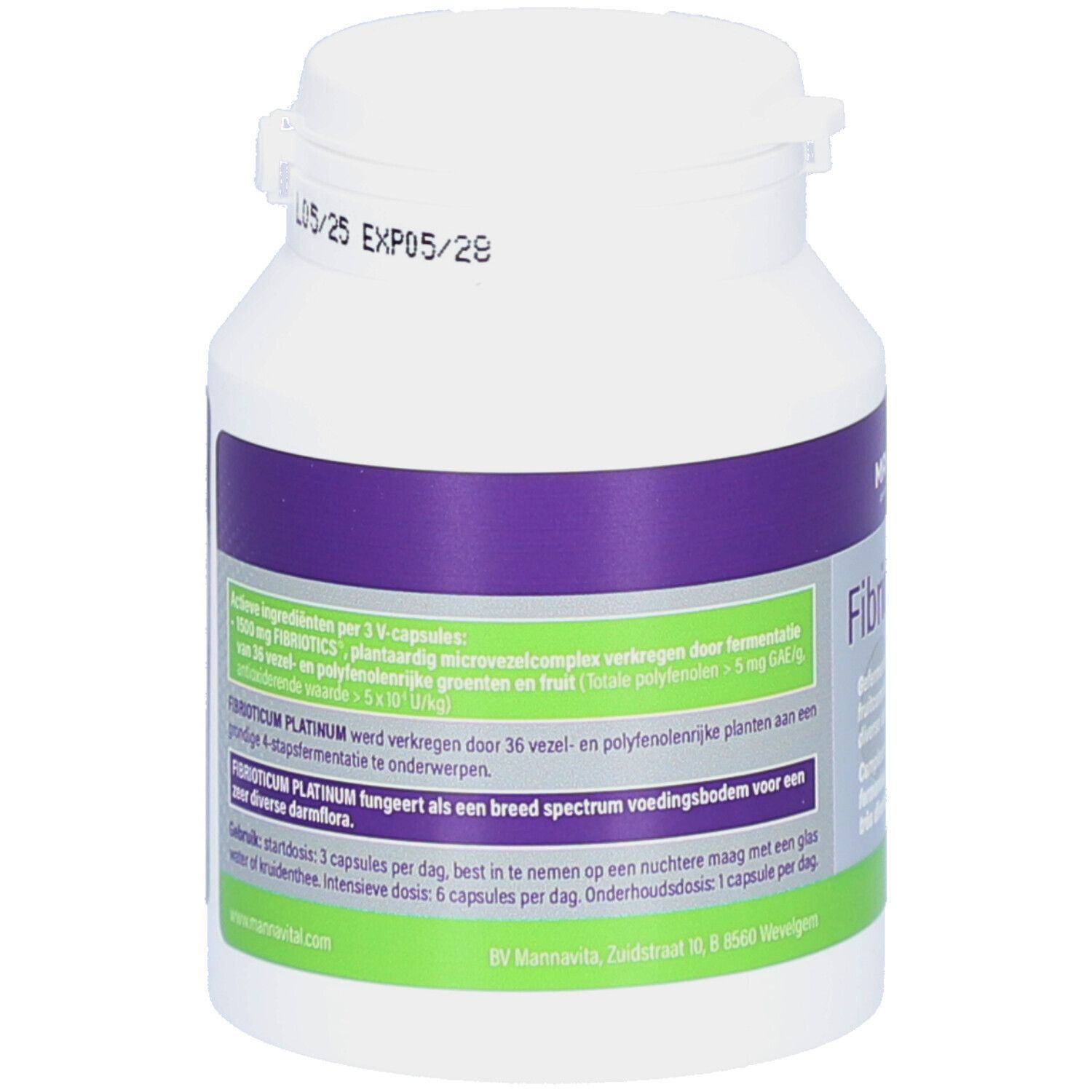 Dos du flacon blanc. Étiquettes violettes et vertes avec texte. Contient des informations sur le produit.