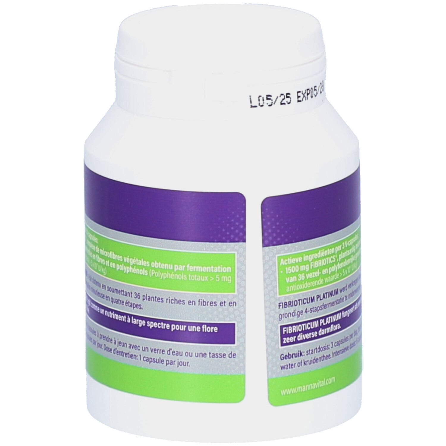 Dos du flacon blanc. Étiquettes violettes et vertes avec texte. Contient des informations sur le produit.