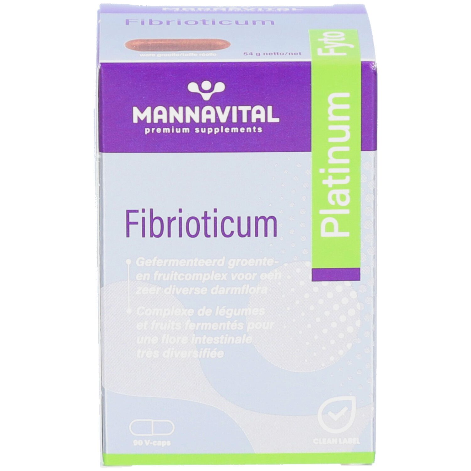 Emballage du produit. Inscription : Mannavital Fibrioticum Platinum. Contient des gélules.