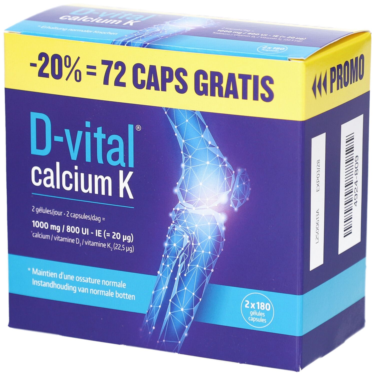 Pack promotionnel D-Vital Calcium K. Boîte avec informations produit et illustration d'os. Contient 2x180 gélules.