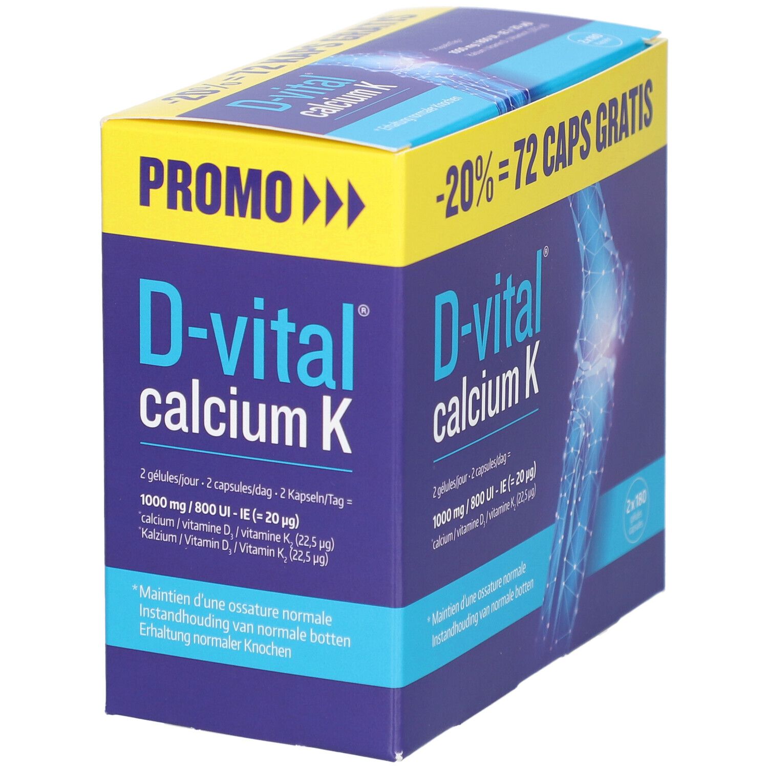 Pack promotionnel D-Vital Calcium K. Boîte avec informations produit et illustration d'os. Contient 2x180 gélules.