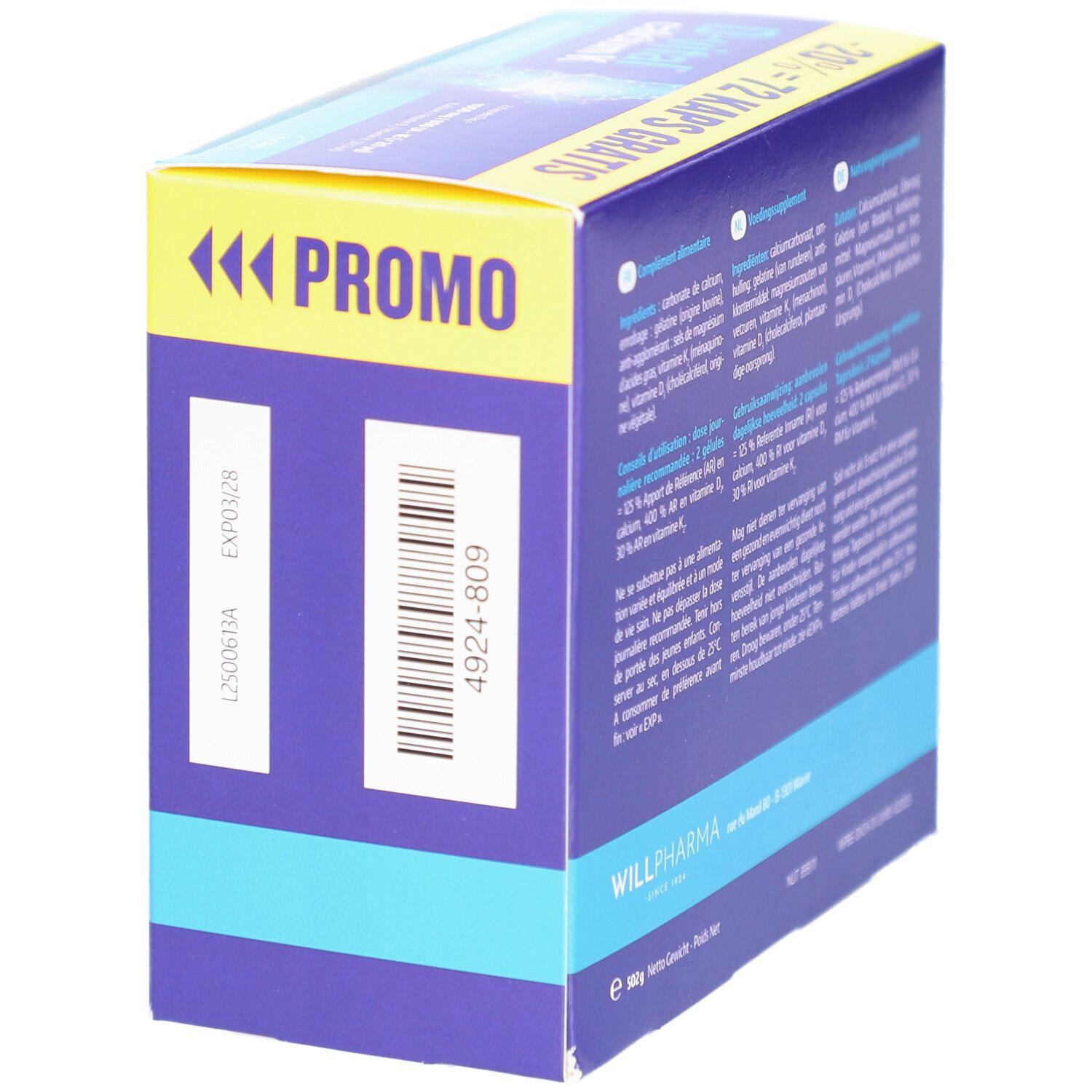 Vue latérale de l'emballage D-Vital Calcium K. Contient un code-barres, une date de péremption et des informations sur le produit.