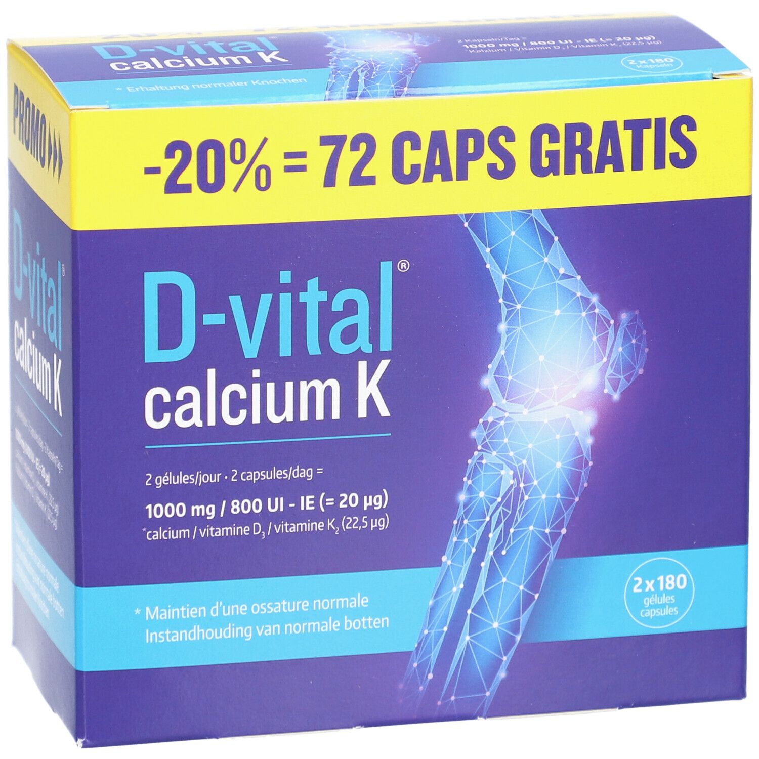Pack promotionnel D-Vital Calcium K. Boîte avec informations produit et illustration d'os. Contient 2x180 gélules.
