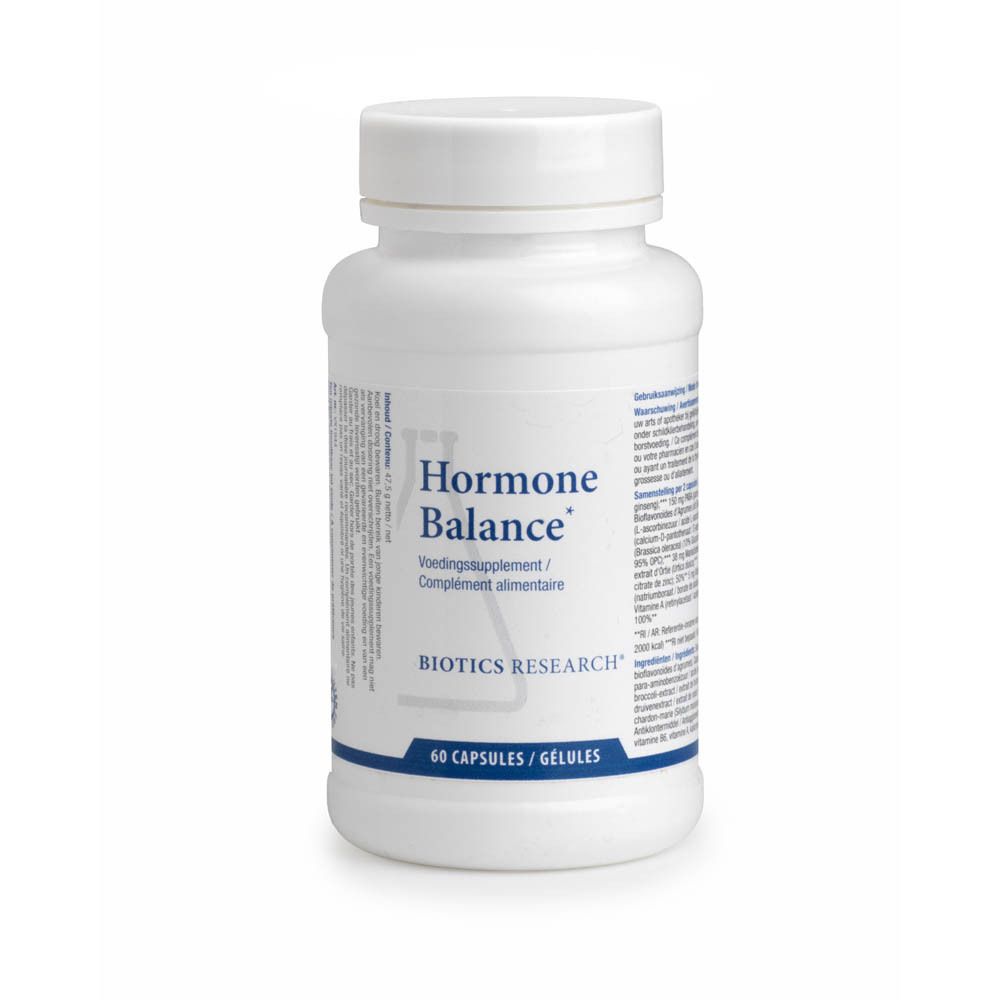 Flacon blanc avec 'Hormone Balance' et 'Biotics Research'. 60 gélules. Bouchon avec texte.